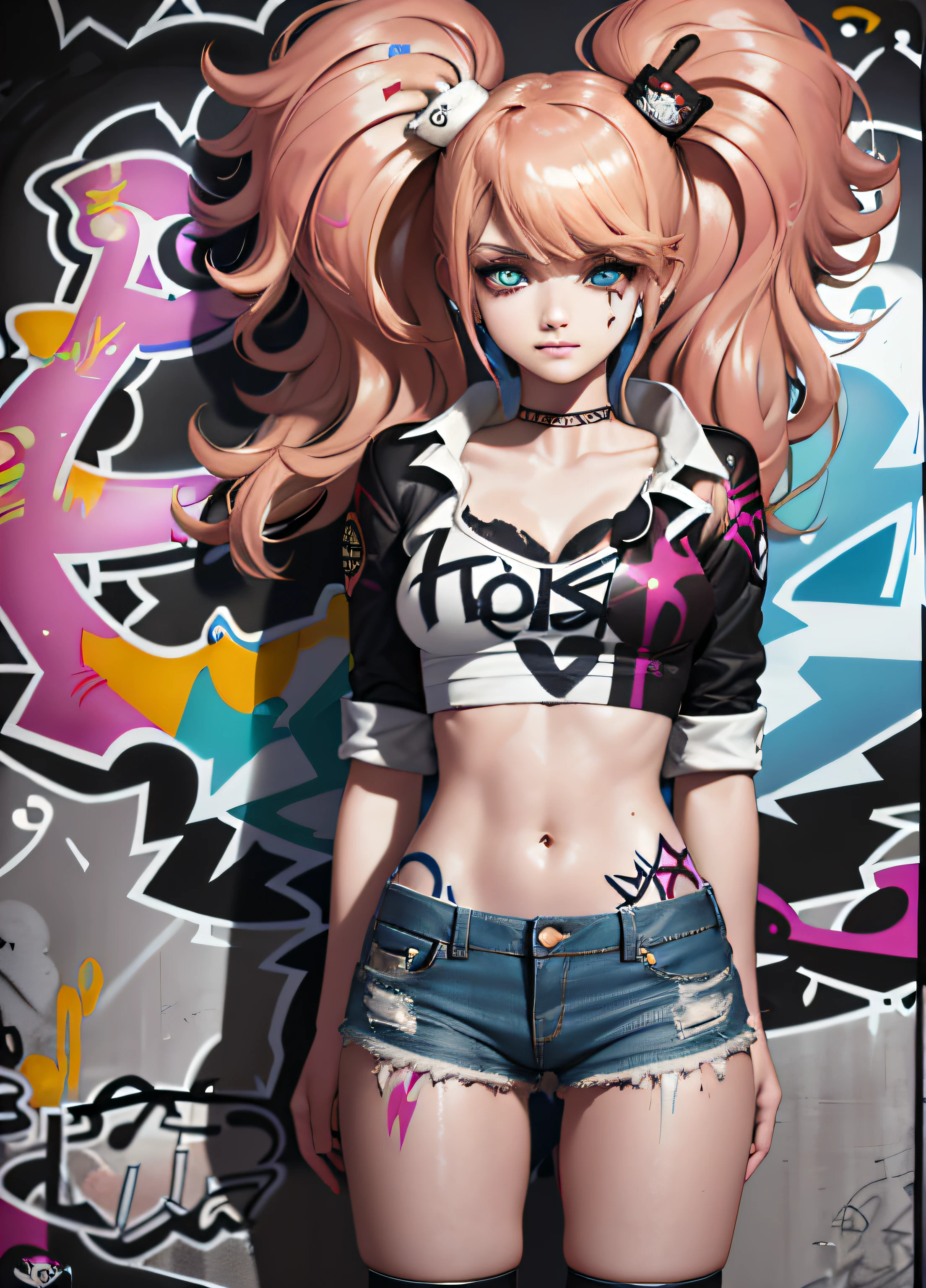 masterpiece, best quality, 1girl, solo, crop top, denim shorts, choker, (graffiti:1.5), paint splatter, arms behind back, against wall, looking at viewer, armband, thigh strap, paint on body, head tilt, bored, multicolored hair, aqua eyes, headset,