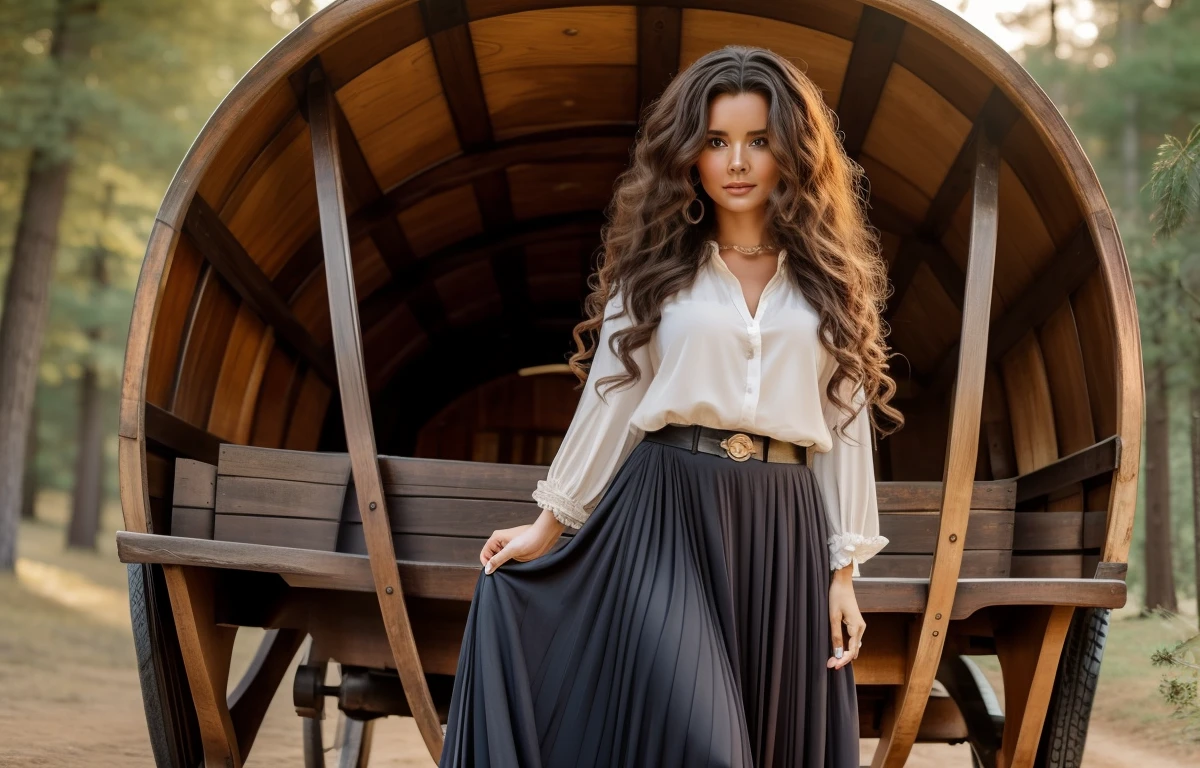 Woman with long skirt with big hair, beautiful face, sensual look with round color of a wagon with a horse