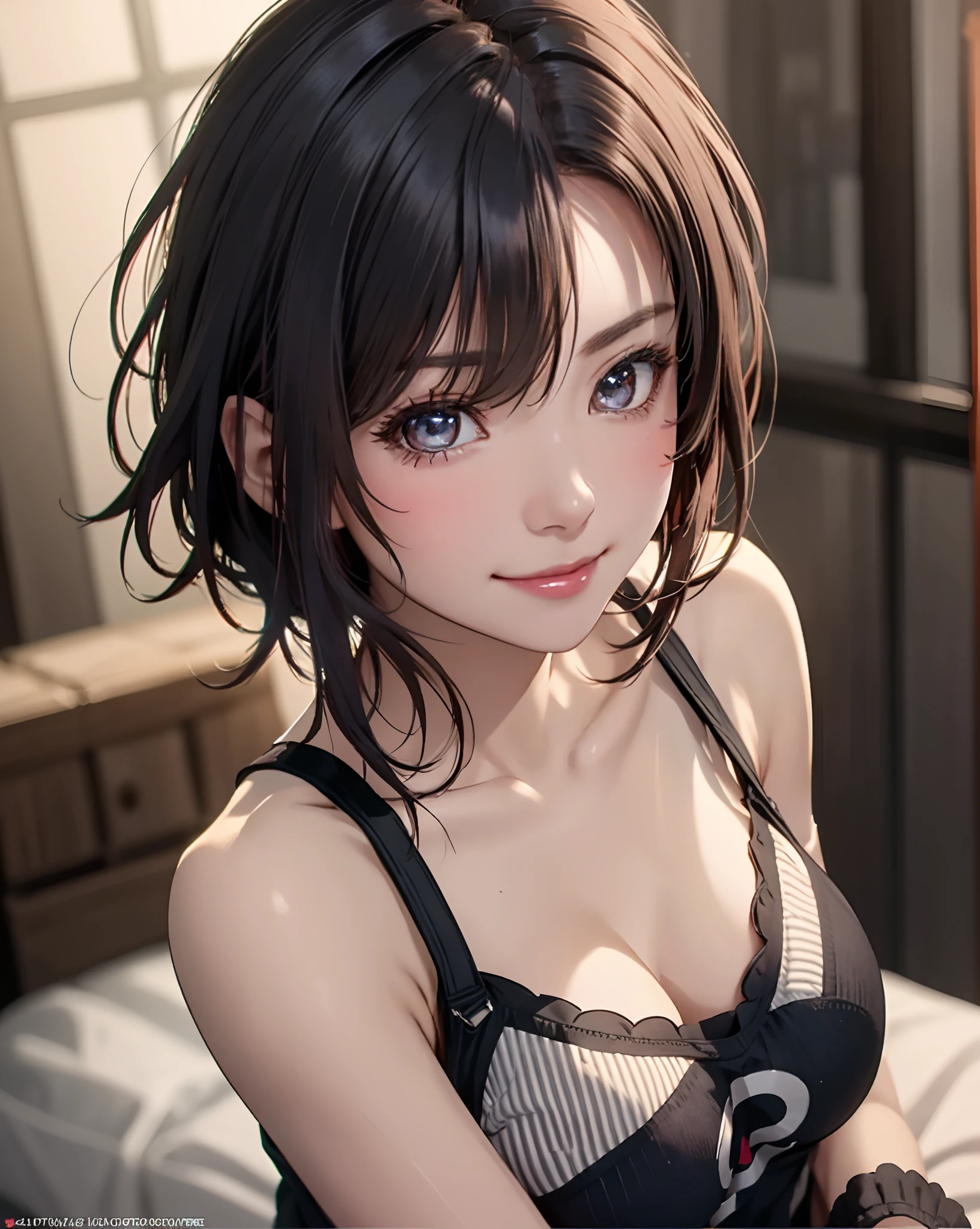 Best Quality, Ultra High Resolution, (Photorealistic: 1.4), Beautiful Eyes, Super Beautiful, Very Short Hair, Beautiful, Sweetheart, T-shirt with Rough Chest, Beautiful Soldier, Eyes That Invite Viewer, Lover's Perspective, Inviting Expression, Sexy Smile, Perfect Style, Perfect Balance, Detailed Skin, Naughty Gaze, Chest Visible