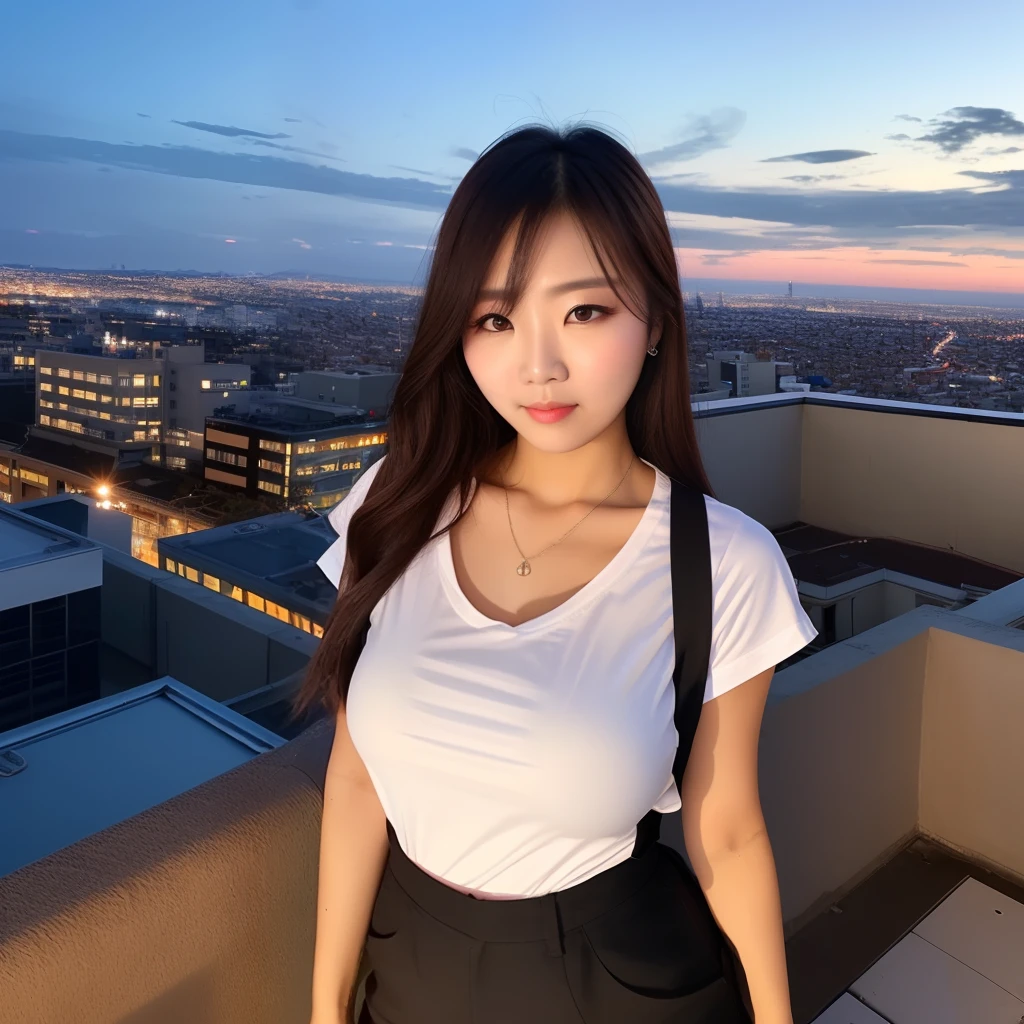 ((Midnight, Best quality, 8k, Masterpiece :1.3)), Whole body, Long legs, Sharp focus :1.2, A pretty woman with perfect figure :1.4, Slender abs :1.1, ((Dark brown hair, Big breasts :1.2)), (White tight tshirt, Jean bib, Standing:1.2), ((Night city view, Rooftop:1.3)), Highly detailed face and skin texture, Detailed eyes, Double eyelid