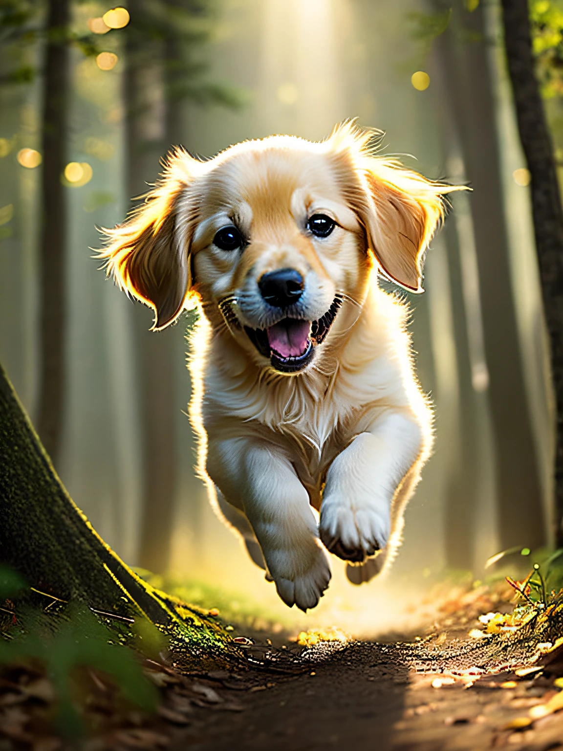 There is a dog that is running in the woods with a ball - SeaArt AI