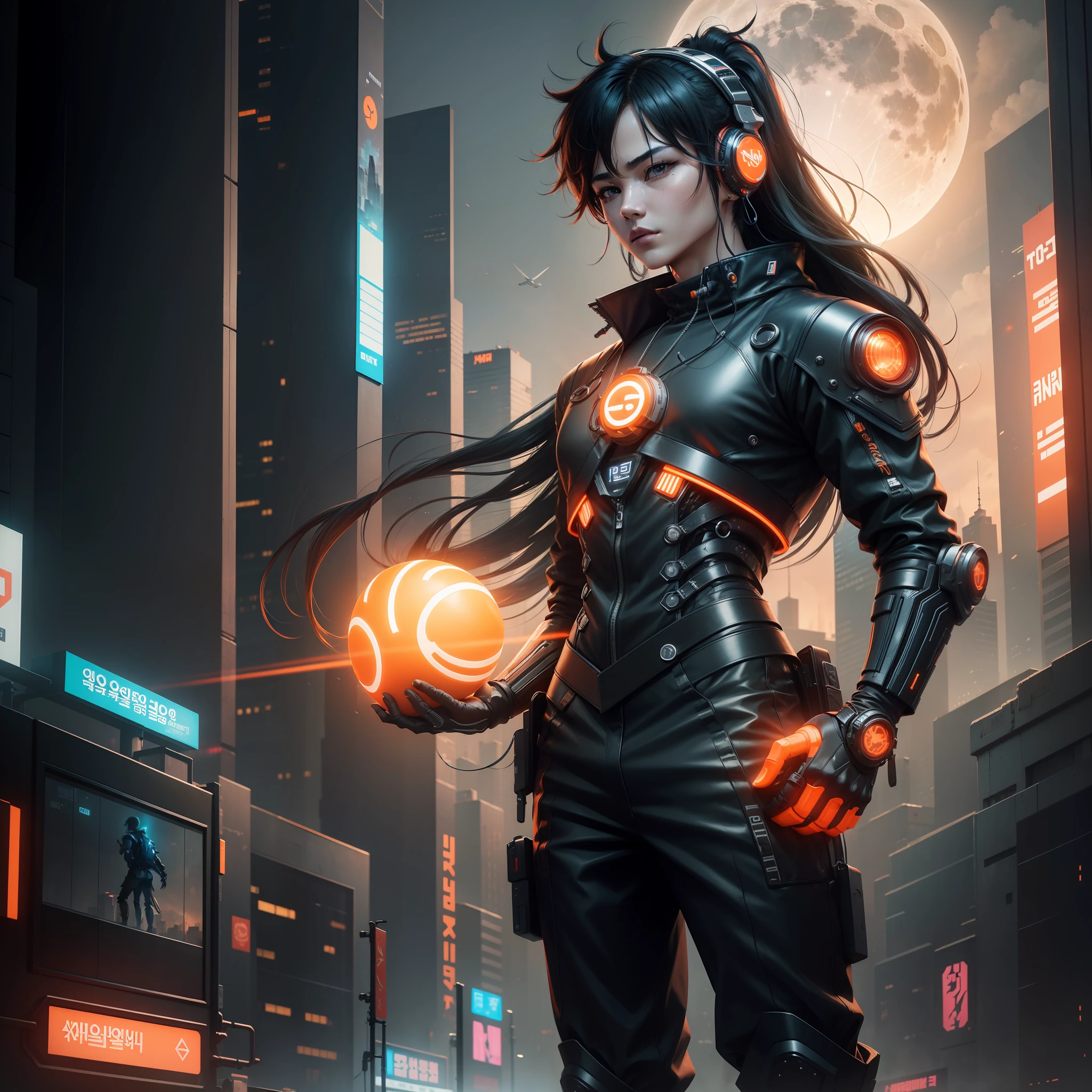 1 Boy, korean_clothes, black and orange, cyberhan, cheongsam, cyberpunk city, dynamic pose, glowing headphones, glowing hair accessories, long hair, glowing earrings, glowing necklace, long straight hair flying messy, silver hair, cyberpunk, high-tech city, full of mechanical and futuristic elements, technology, glowing neon, orange, orange light, laser, digital background city sky, big moon, with vehicle, best quality, masterpiece, 8K, character edge light, Super high detail, high quality, background many advertising light boxes.