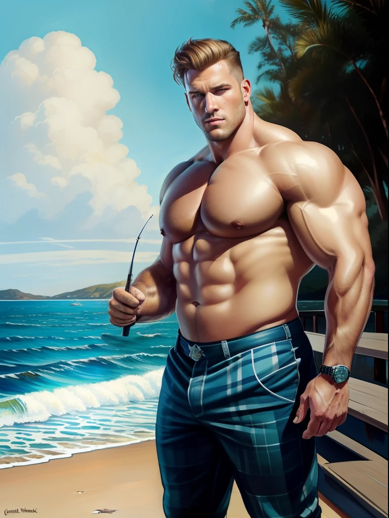 Masterpiece, a extremely realistic photo of an insanely handsome 50s attractive fisherman by the ocean, full body, big beefy man, ripped checkered, exposed body, raunchy, toned body, beach, summer, sunny, running, action scene, soft lighting, muscular, extremely charming, kind smirk, dimple, fishing tools, boats, fish by  Craig Mullins, Greg Rutkowski, painterly style, central composition, huge bulge, big hands, big feet, big nose, blonde hair, insanely handsome.