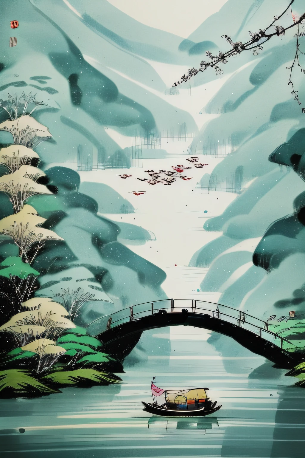 The beautiful painting of the Tanabata cowherd and weaver girl，fairy tale style background，Fairy Fantasy World，Ancient Chinese painting，Flat style，Chinese watercolor style，Tang style inspiration，Simple style，《Tanabata poster》，Chinese traditional painting style，Stunning scene。