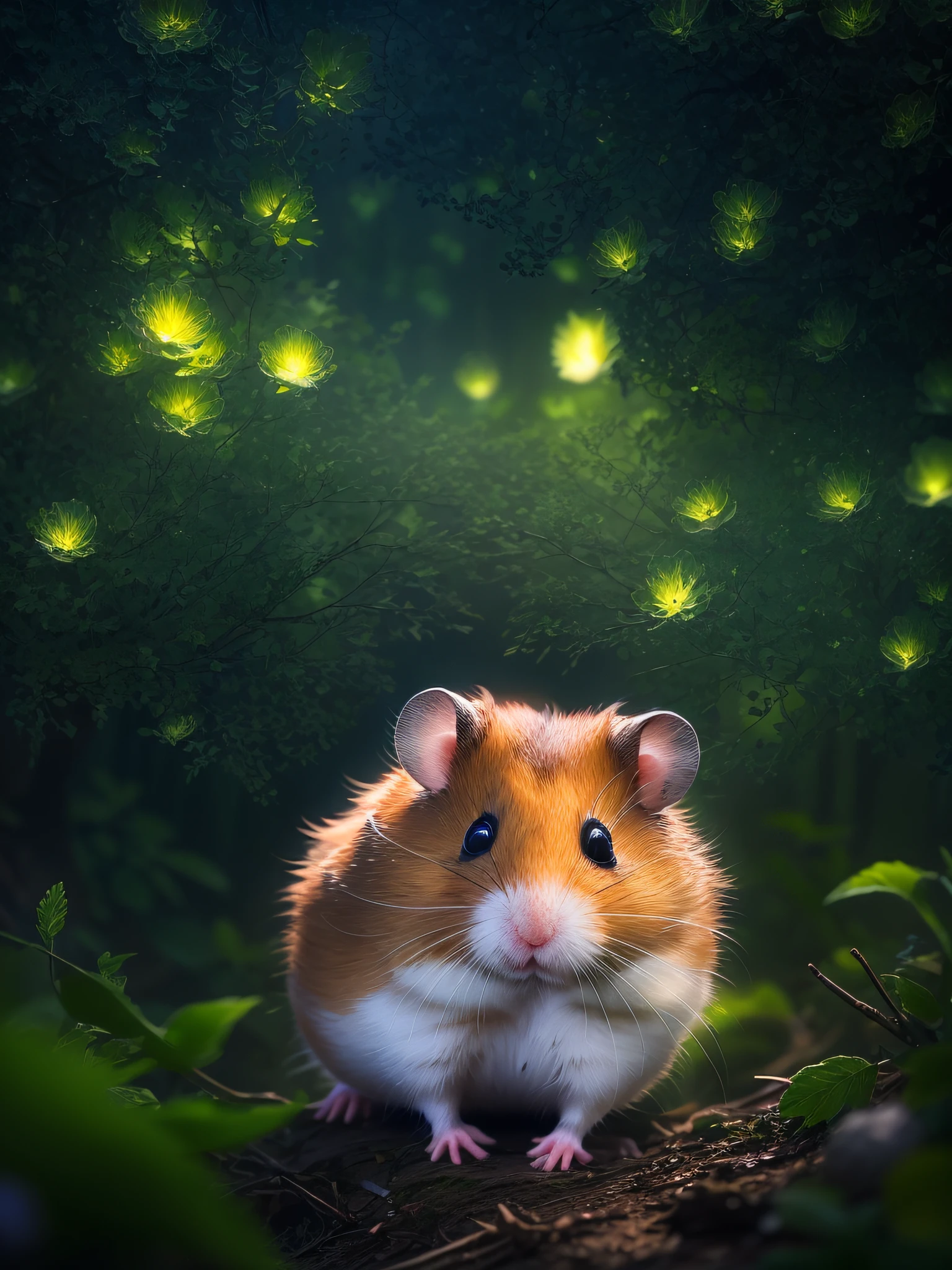 Close up photo of a hamster in an enchanting forest、deep in the night、in woods、Back lighting、fireflys、Volumetric fog、The halo、bloom、Dramatic atmosphere、central、thirds rule、200mm 1.4F Macro Shot