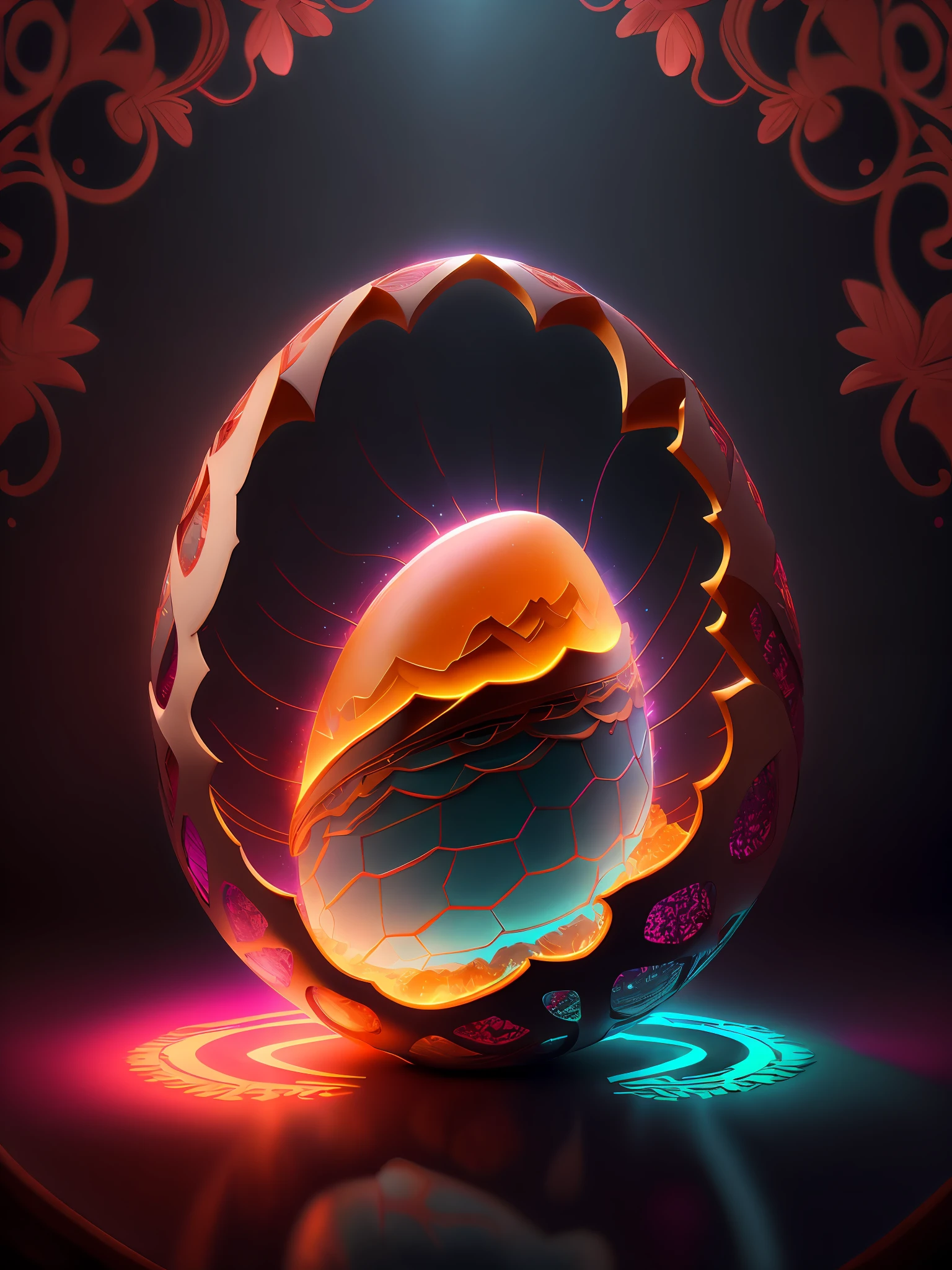 Efecto Shatter en After Effects,,Soft 3D Opaque Intricately Carved Ivory Shiny Cracked Broken Shell Egg in a dimly lit room, con una luz rosa muy suave que emana de debajo del huevo, zarcillos de vid en espiral brillantes de color naranja rosado que abarcan el huevo amorosamente como si estuviera vivo, fotorrealista, Detallado, realista, alta calidad, Background thunderstorms, detallado, realista, 8k UHD, alta calidad