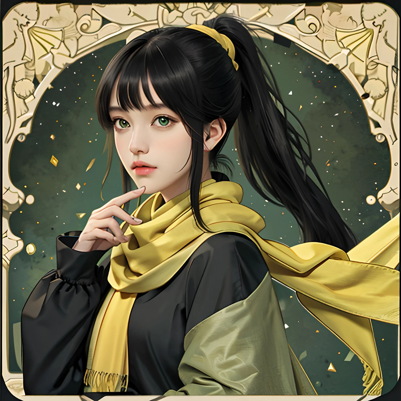 M bangs, Black hair, Long ponytail, Green eyes, Yellow scarf