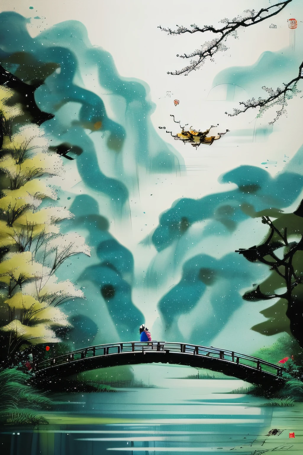 The beautiful painting of the Tanabata cowherd and weaver girl,fairy tale style background,Fairy Fantasy World,Ancient Chinese painting,Flat style,Chinese watercolor style,Tang style inspiration,Simple style,《Tanabata poster》,Chinese traditional painting style,Stunning scene。