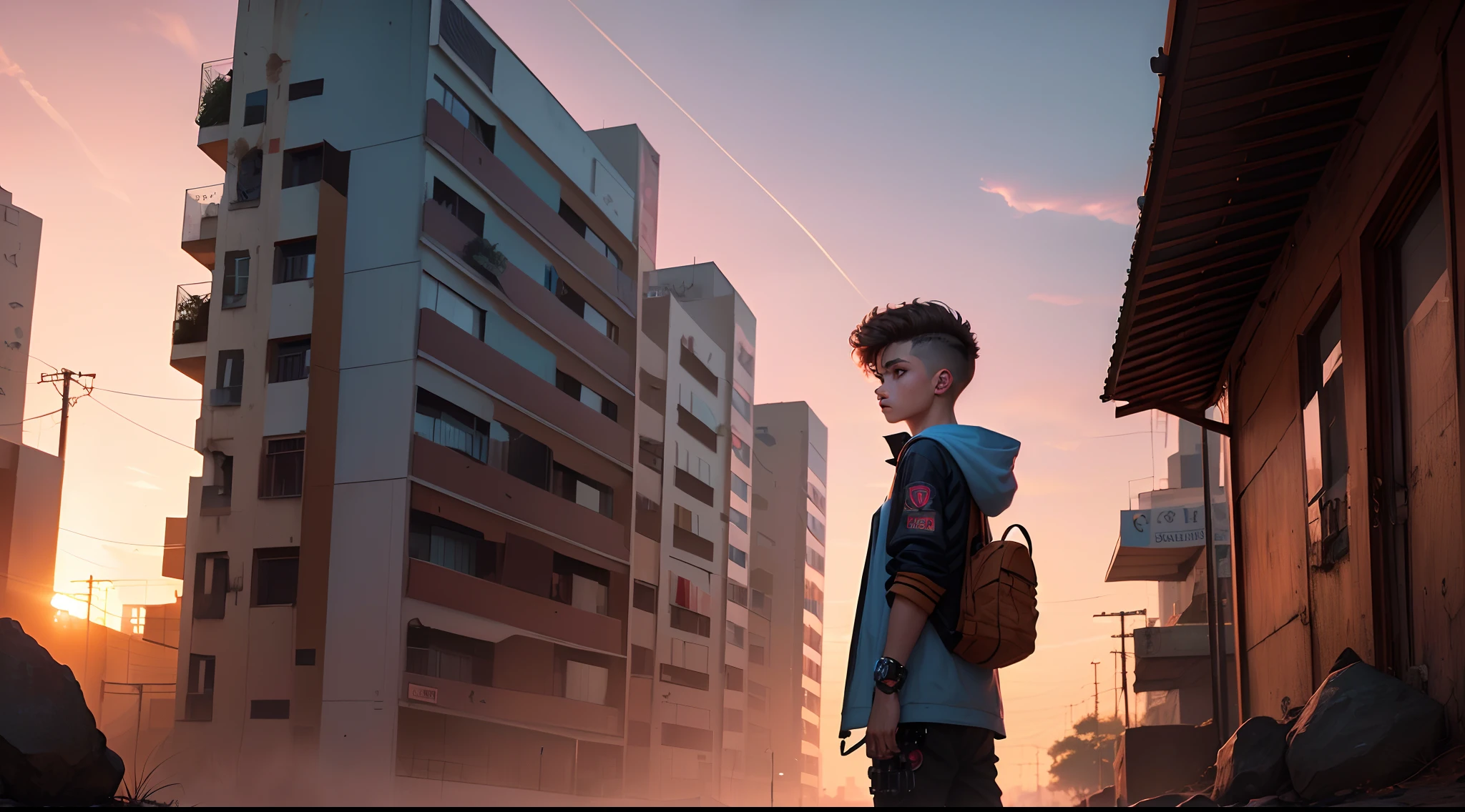 4k, realista,muito detalhe, There's a lost ??? in a futuristic cyberpunk-style town at dusk, branco, cabelo longo branco,18 anos, corpo inteiro