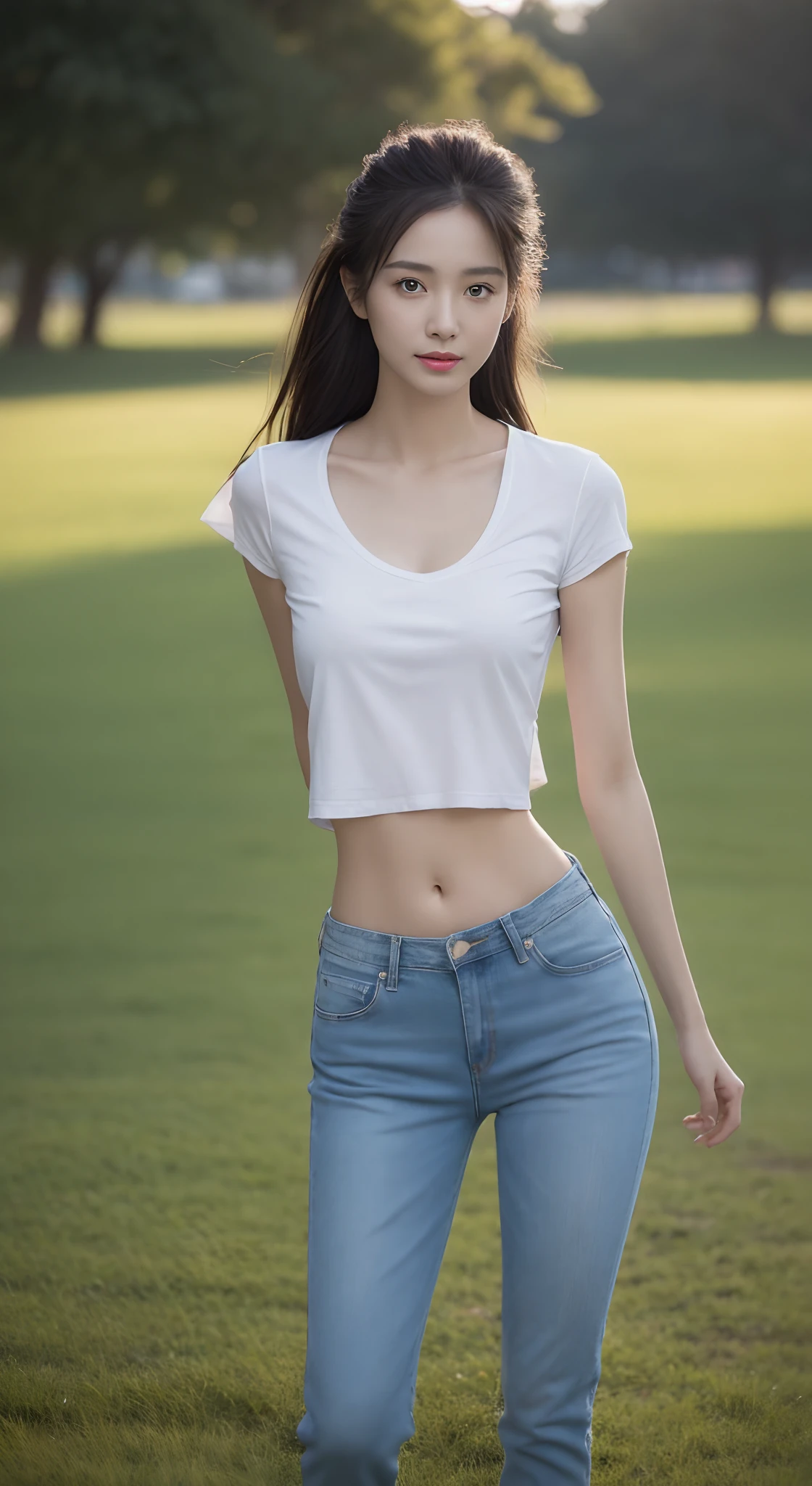 (rain, grassy fields: 1.3), 1 beautiful woman taking pictures on the grass,RAW photos,tmasterpiece,(highdetailskin:1.2),8k ultra high definition,digital SLR camera,gentlesoftlighting,high high quality,filmgrain,富士XT3,20 years old Asian woman,Wear simple clothes,Blue T-shirt and crop top jeans,Detailed clothing details:1.3,perfect body figure,Perfect breasts and nipple bulge,The legs are straight and slender,((Branded stylish shoes:0.6)),Super detailed facial details and skin,Fair pink face and skin,The skin is pink and tender,with light glowing,二重まぶた,Super detailed eyes,(Gloss on lips, eyeslashes, Glossy face, Best quality, Super high resolution, warm color,Wide lighting, naturalshadow), The posture is diverse,Show off sexy body and beautiful buttocks, Full body shooting: 1.8