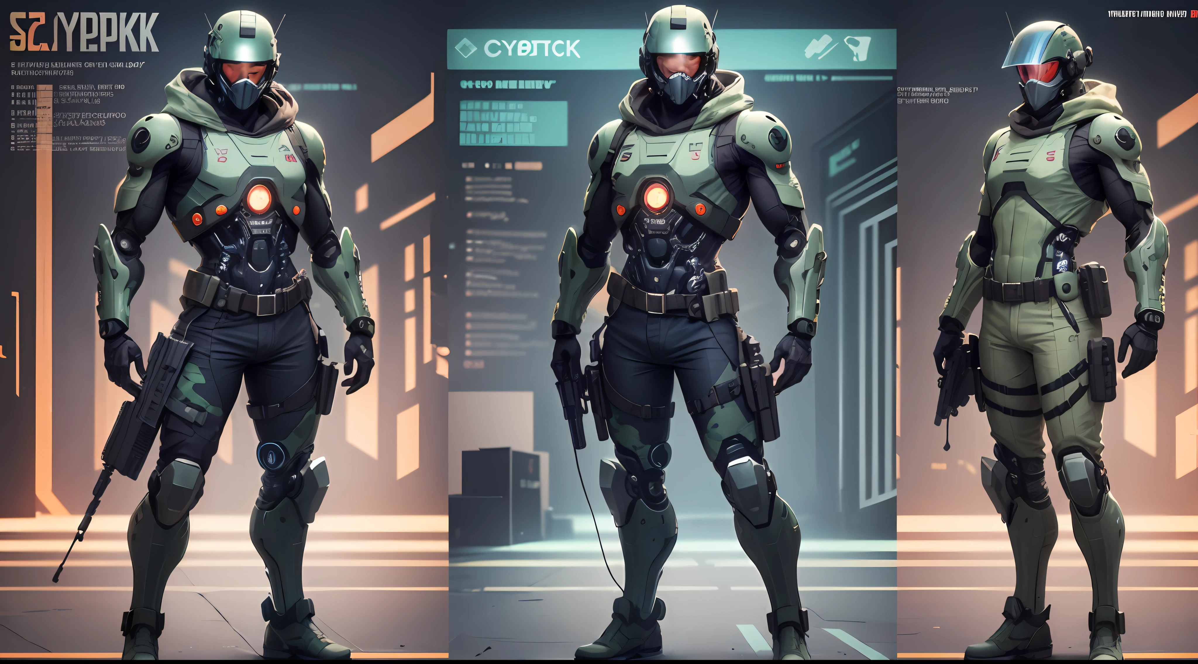 create a character, cyberpunk sniiper, man, standing, white background, cybernetic modifications, master, stealth, ,neural implant, sniper rifle, technological, optical camouflage suit, deftpunk helmet, full body --auto --s2