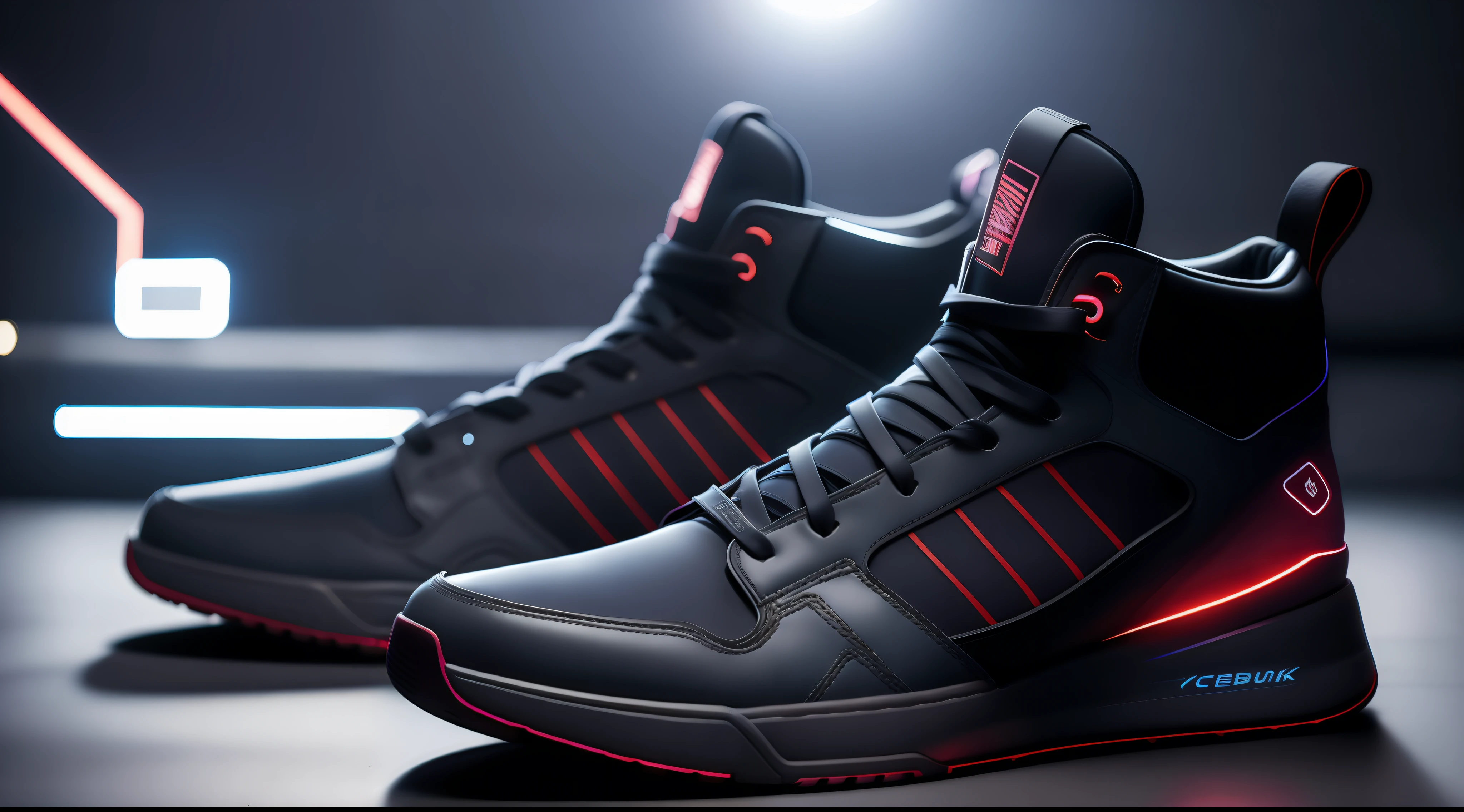 product photography of a cybepunk sneakers, epic render, octane, atmosphere, particles, soft volumetric lights, (backlit:1.3), (cinematic:1.3), intricate details, (ArtStation:1.3)