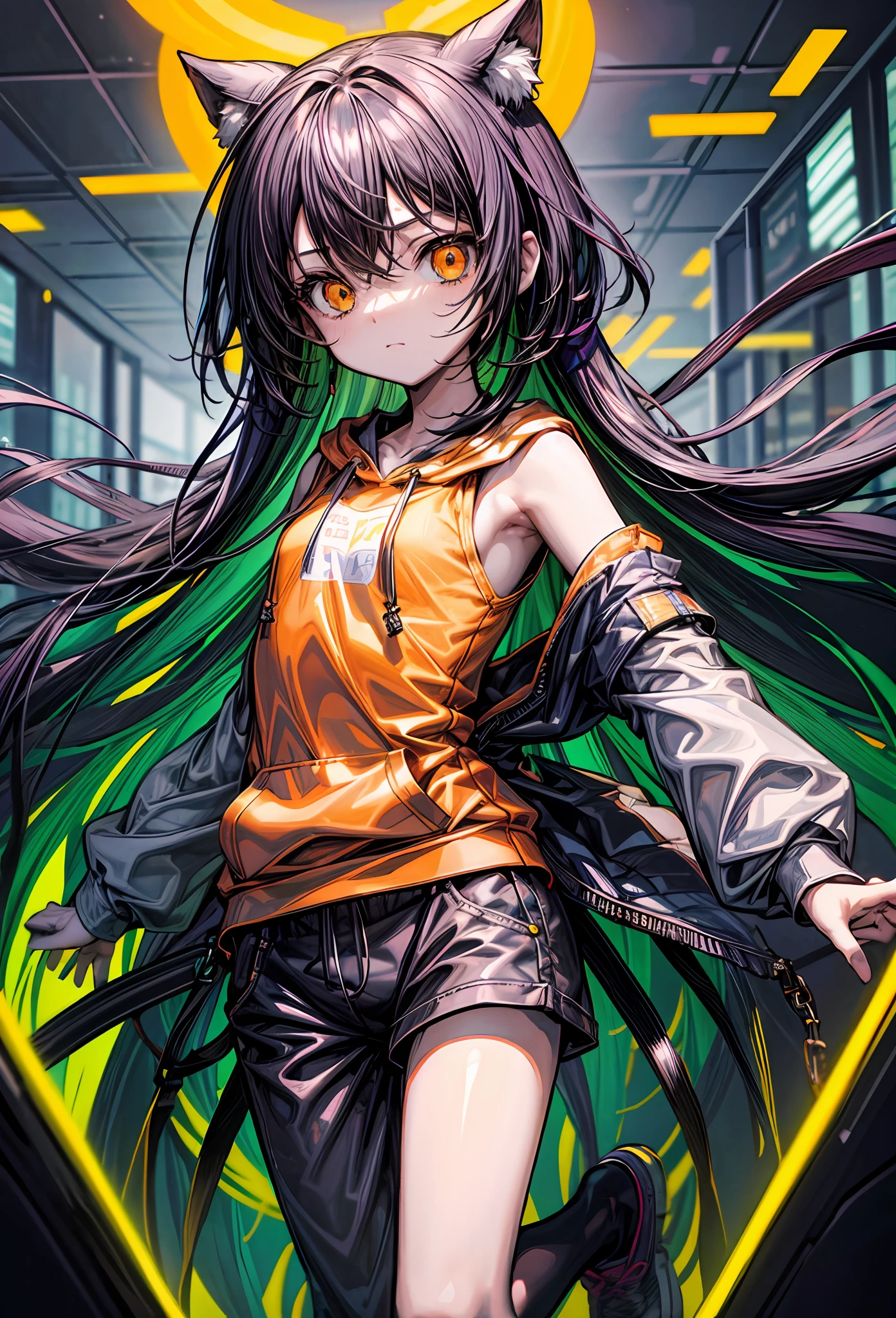 ​masterpiece、Flat background、without background、full body Esbian、is standing、女の子1人、独奏、cute little、Oversized Orange Hoodie、tshirts、7-minute length pants、50mm portrait、Delicate facial features、semi - realistic、foco nítido、The ultra-detailliert、absurderes、depth of fields、neons