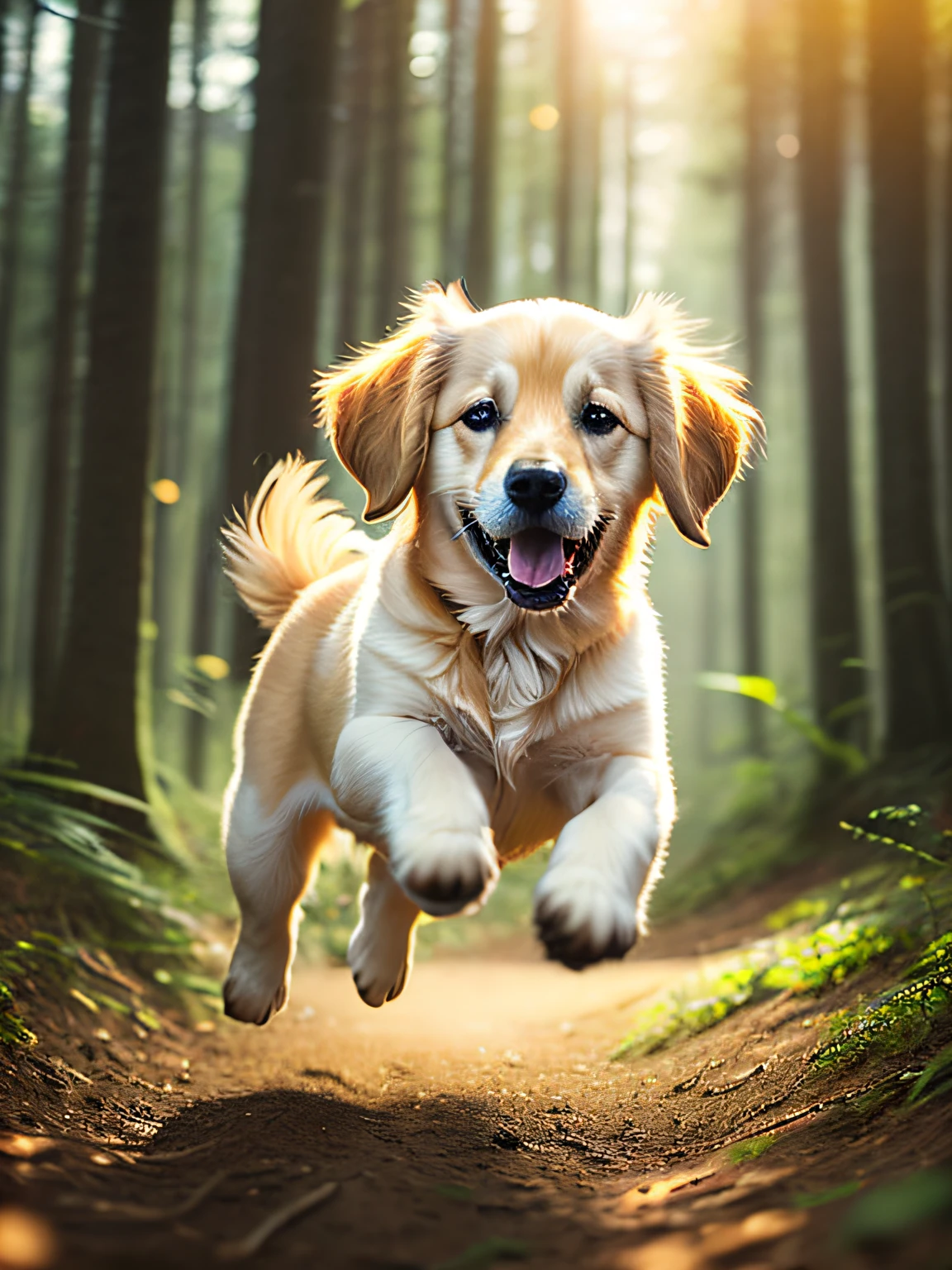 close-up photo of a Golden retriever puppy jumping very cute in the forest, soft volumetric lights (retroiluminação: 1.3), (kinematics: 1.2), detalhes intrincados :