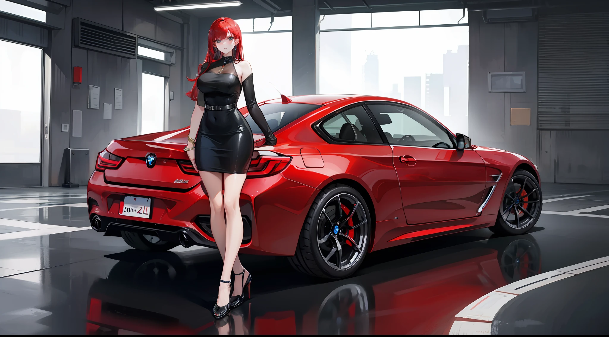 A tall and beautiful woman stepped down from the red BMW