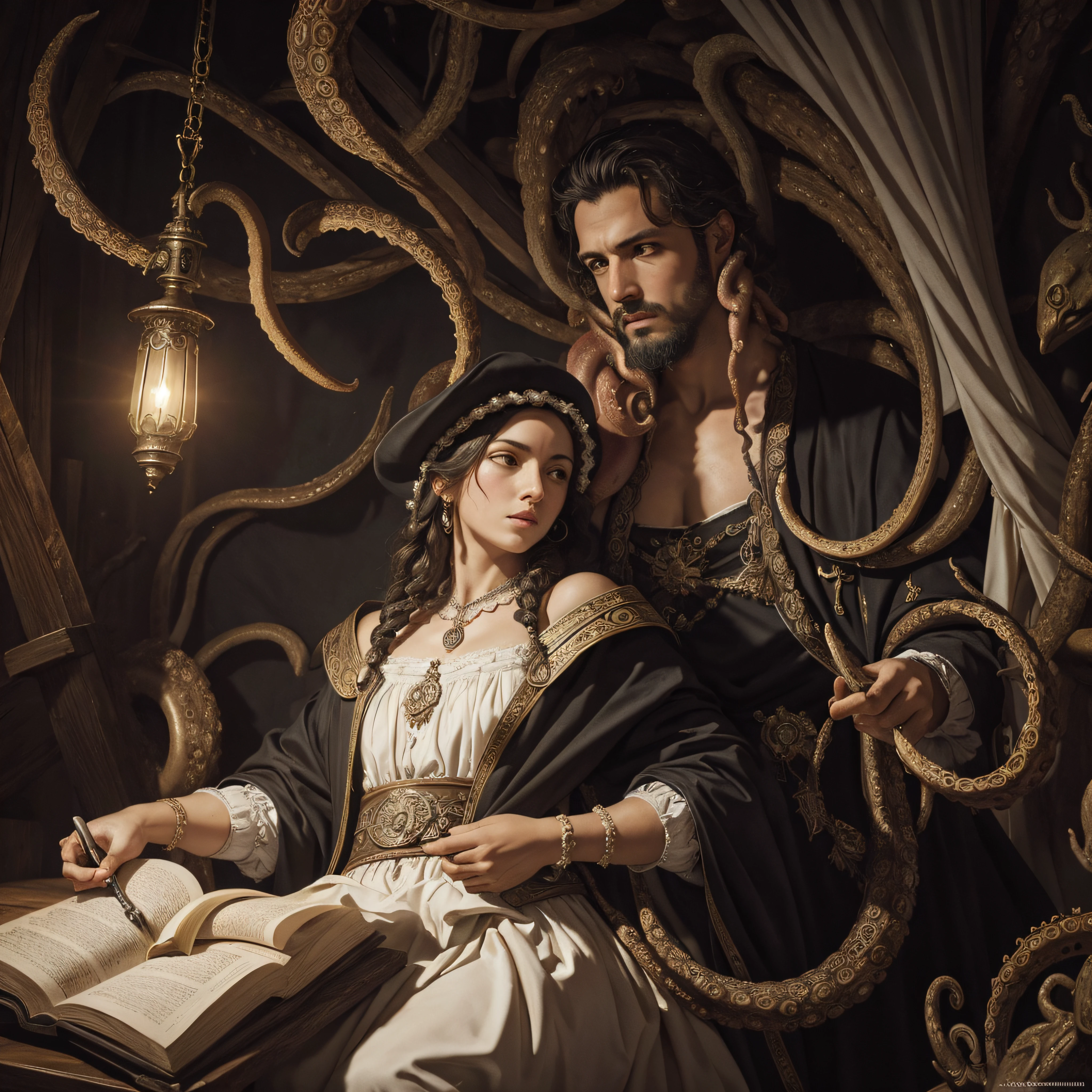 (extremadamente detallado, obra maestra, La mejor calidad), Estilo oscuro, intense illumination. templario. armadura medieval, rostro con arrugas, lengua larga, tentacle, deforme, imagen submarina, pico de pulpo amenazante. manchas de tinta. Rococo composition. Luz de caravaggio