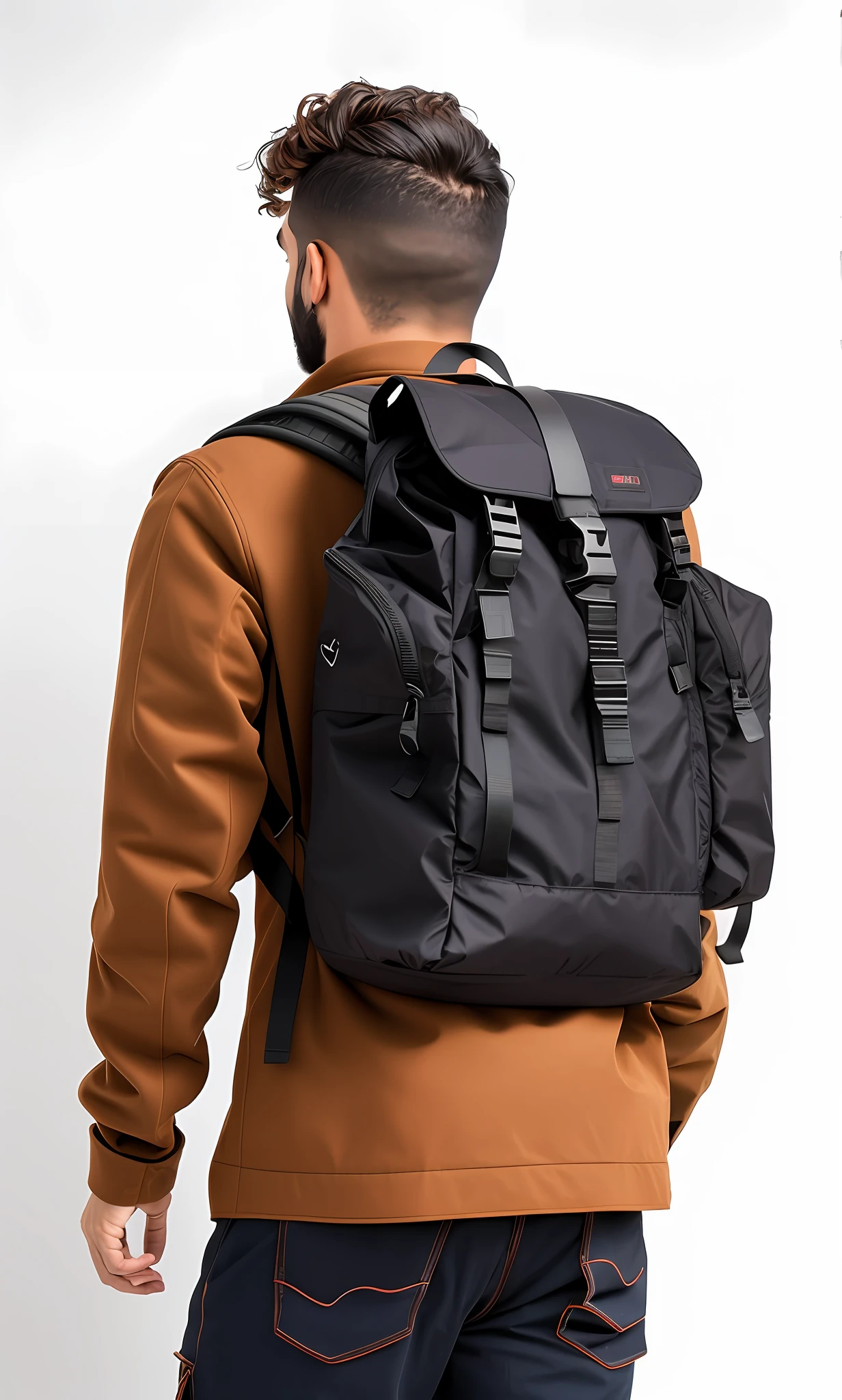 A man with a backpack and a camera on his back, um homem usando uma mochila, mochila, detalhes robustos, o homem tem uma mochila, uma mochila, nomad, equipamento de aventura, com uma mochila, carrying survival gear, F / 2 0, Sacos, com dois bolsos Frontais, usando equipamento de aventura, texturizado preto, menos detalhamento, Daily transportation, Foto do produto