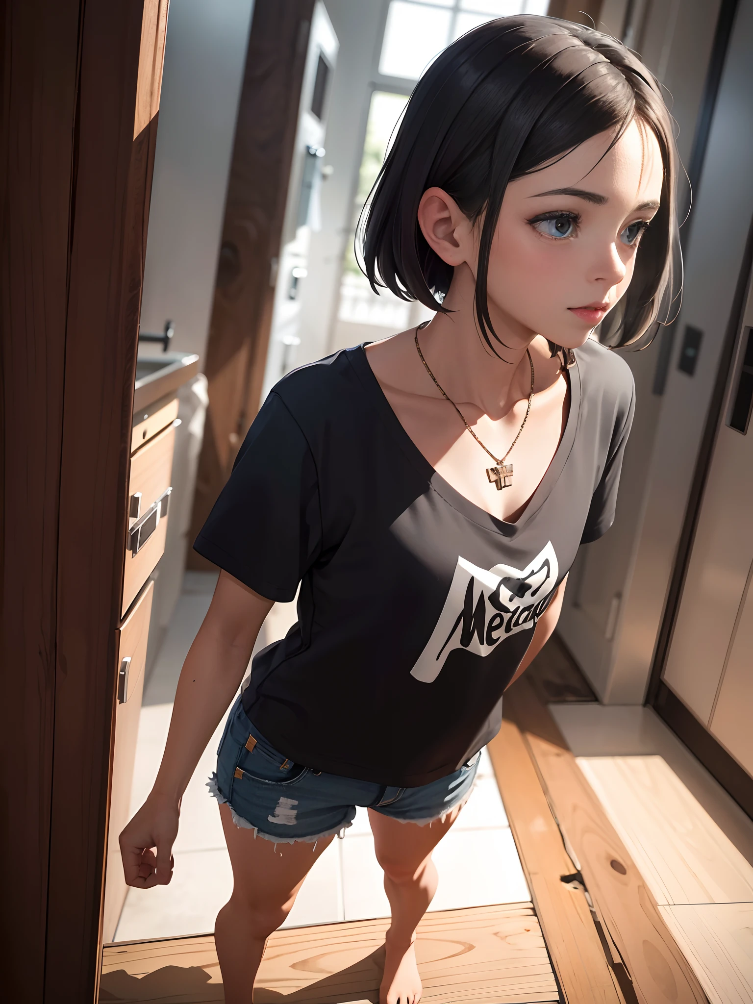 an 18-year-old girl named Anne and a necklace around her neck, sozinha, corpo inteiro, standing on her feet, (((com o rosto apavorado e muito medo e de boca aberta))), side view, num quarto escuro e sombrio com pouca luz, vestindo camiseta preta e Short cotton vermelho, pele branca, olhos pretos, fleshy lips, cabelo preto liso curtos, medium and beautiful breasts, bunda bonita, small hands. Absurdo, melhor qualidade, sozinho. The image is about an 18-year-old standing, com o rosto apavorado e muito medo e com a boca aberta, side view, em um grande, Escuro, Quarto sombrio com pouca luz e vestindo camiseta preta e shorts vermelho.