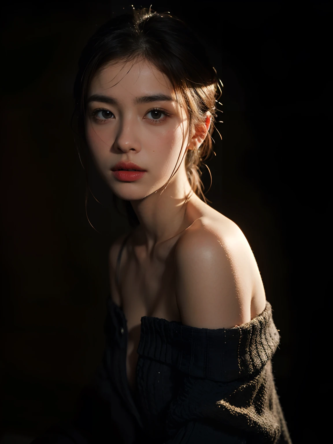 Best quality, masterpiece, ultra high res, (photorealistic:1.4), raw photo, 1girl, offshoulder, in the dark, deep shadow, low key, cold light
