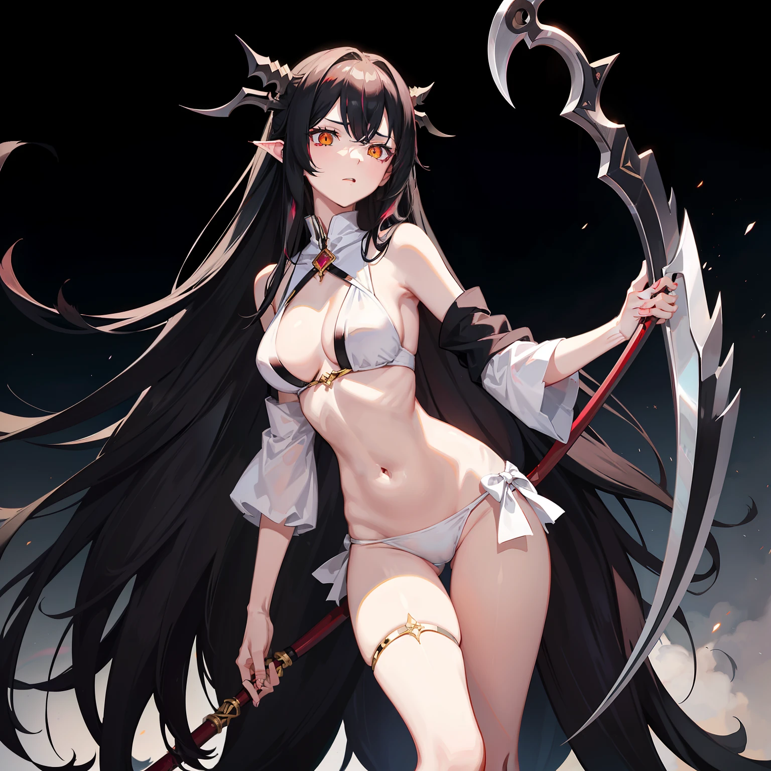 Long black hair that reaches the waist,A yellow eye,A red eye,Heteropupil,White hairpin,Pink swimsuit,Holding a silver-white scythe in his hand,