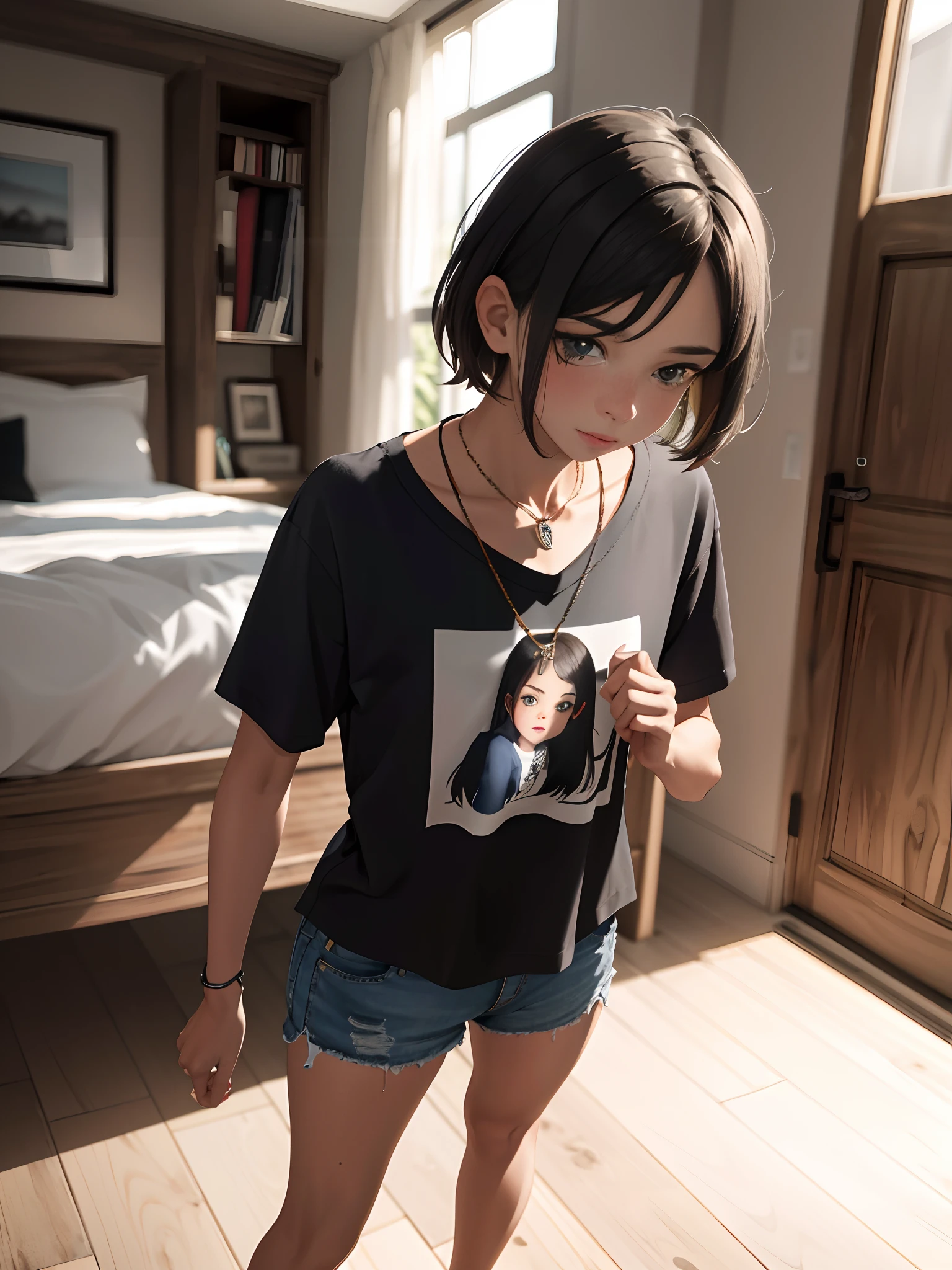 an 18-year-old girl named Anne and a necklace around her neck, sozinha, corpo inteiro, standing on her feet, com o rosto apavorado e muito medo e de boca aberta, side view, num quarto escuro e sombrio com pouca luz, vestindo camiseta preta e Short cotton vermelho, pele branca, olhos pretos, fleshy lips, cabelo preto liso curtos, medium and beautiful breasts, bunda bonita, small hands. Absurdo, melhor qualidade, sozinho. The image is about an 18-year-old standing, com o rosto apavorado e muito medo e com a boca aberta, side view, em um grande, Escuro, Quarto sombrio com pouca luz e vestindo camiseta preta e shorts vermelho.