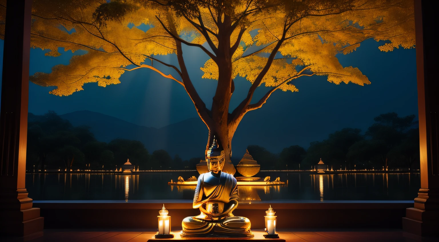 Buddha sitting in a lotus position in front of a tree, O Buda, Buda, budismo, budista, Arte budista, thailand art, standing gracefully upon a lotus, meditation, Monge budista meditando, sitting on a lotus flower, lotuses, Karma tomorrow., Sukhasana, 1 4 8 0 s, Uplighting, spiritual lighting. realist, cinematographic.
