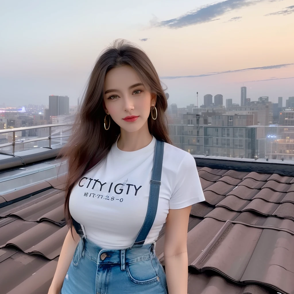 ((midynight, Need, 8K,Color gas,, tmasterpiece:1.3)), full bodyesbian, Long legs, Focalors:1.2, perfect figure beautiful woman:1.4, Slim abs:1.1, ((Dark brown hair, huge tit:1.2 )), (white tight t-shirt, Denim suspenders, standing on your feet:1.2), ((city night scene, the roof:1.3)), Highly detailed facial and skin texture, A detailed eye, 二重まぶた,