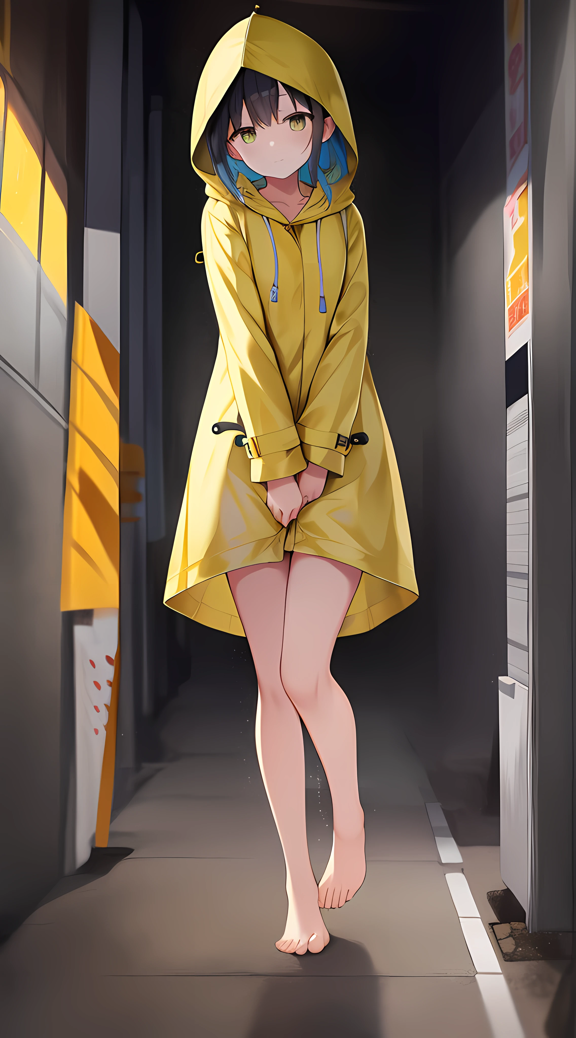 Yellow hood raincoat girl,stand posture,Positive perspective,Barefoot and barefoot,Accentuates the raincoat gel texture,Accentuates the translucent texture of the raincoat。
