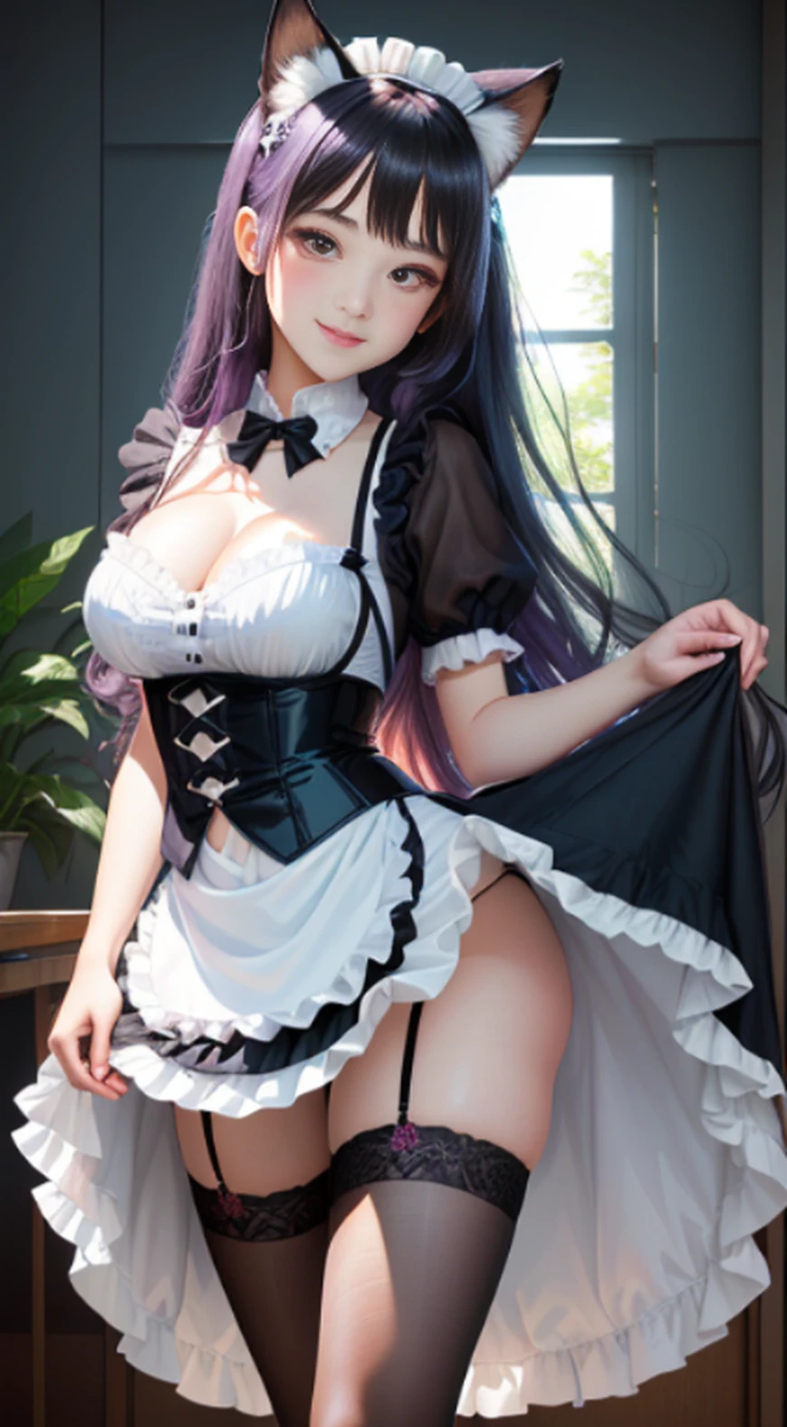 Close up portrait of a person in skirt and holding a bag, Tumbler, In the classroom of the school, metart, inio asano, Gorgeous black and white dresses, female high-school student,Asian Face,(middlebreasts,),adolable,rays of sunshine,(perfect bodies:1.1),(Medium length hair:1.1),black lence stockings(lacepantyhose),without wearing shoes,Single full body photo,At home,Only one man,Wear white lace and translucent clothing,Lower body wears white translucent lace pantyhose suspenders, NSFW,(black and white maid uniform),(white maid apron),midriff baring,Twin tail,Blonde hair,cyan eyes,Indoor,masutepiece, extremely fine and beautiful,(aqua striped panties),Beautiful face,Adult Woman,up skirt,From below, raccoon ears, Brown Eye, Fox tail, Cat whiskers, (Masterpiece), (Best quality), (Ultra detailed),(Disheveled hair),(illustration), (1girll), standing,Fashion model,view the viewer, (interview), (Simple background),beatiful detailed eyes,Delicate beautiful face,Floating,(High saturation),(Colorful splashes),Colorful bubbles illustration light pink hair light blue eyes stars pentagram four-pointed star curly hair long hair side ponytail girl sparkling black silk perfect hand Information, Black hair, long eyelasher, Fake animal ears, Light smile, Fang, Purple hair, Black hair, pony tails, double tails, Very long hair, widow peak, Hair ribbon, maid headdress, mouth veil, Earphone, flowers in head, Heart-shaped pupils, aqua eyes, Purple eyes, Pink eyes, Fox ears, Cat ears, grin, Naughty face, Light blush, chin grab, shadowing, stereograms, tachi-e, Atmospheric perspective, hyper photorealism, 8K, Super detail, ccurate, Best quality, A high resolution, High quality, Anatomically correct, 巨作, A beautyful girl,crisp breasts,cleavage,slender leg,Big breasts Thin waist,White flowers