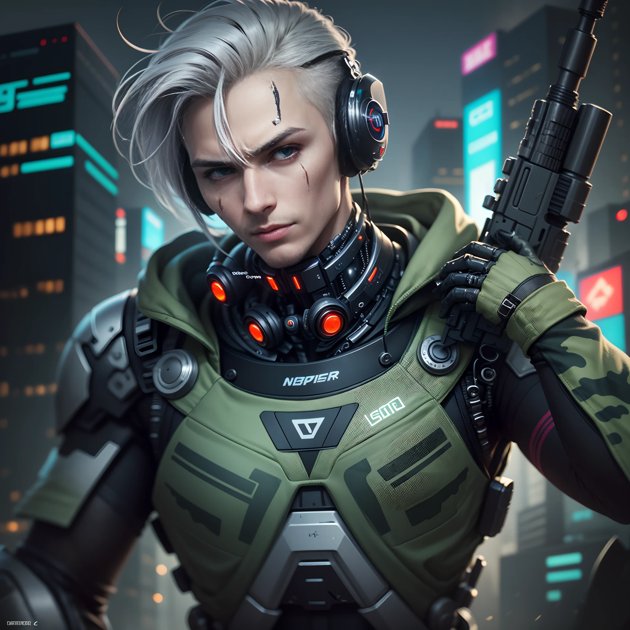 create a cyberpunk sniiper man character,multiposition,white background,cybernetic modifications,master, stealth, precision,neural implant,technological rifle,optical camouflage suit,deftpunk style --auto --s2