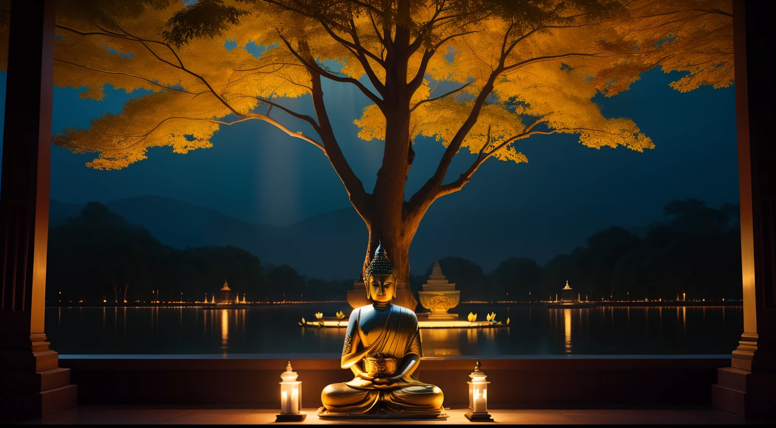 Buddha sitting in a lotus position in front of a tree, O Buda, Buda, budismo, budista, Arte budista, thailand art, standing gracefully upon a lotus, meditation, Monge budista meditando, sitting on a lotus flower, lotuses, Karma tomorrow., Sukhasana, 1 4 8 0 s, Uplighting, spiritual lighting. realist, cinematographic.