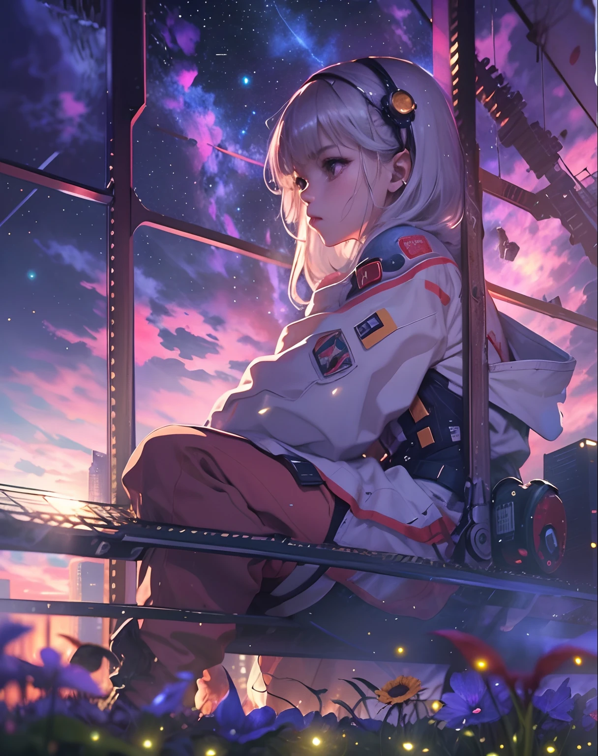 best quality, masterpiece, extremely detailed, detailed background, anime, 1girl, young girl, short girl, sci-fi, science fiction, outdoors, night, starry sky, greenhouse, megastructure, bio-dome, landscape, scenery, horizon, rooftop, sitting on rooftop, wind, looking away, atmospheric lighting, solo focus, close up, from side, depth of field, bokeh