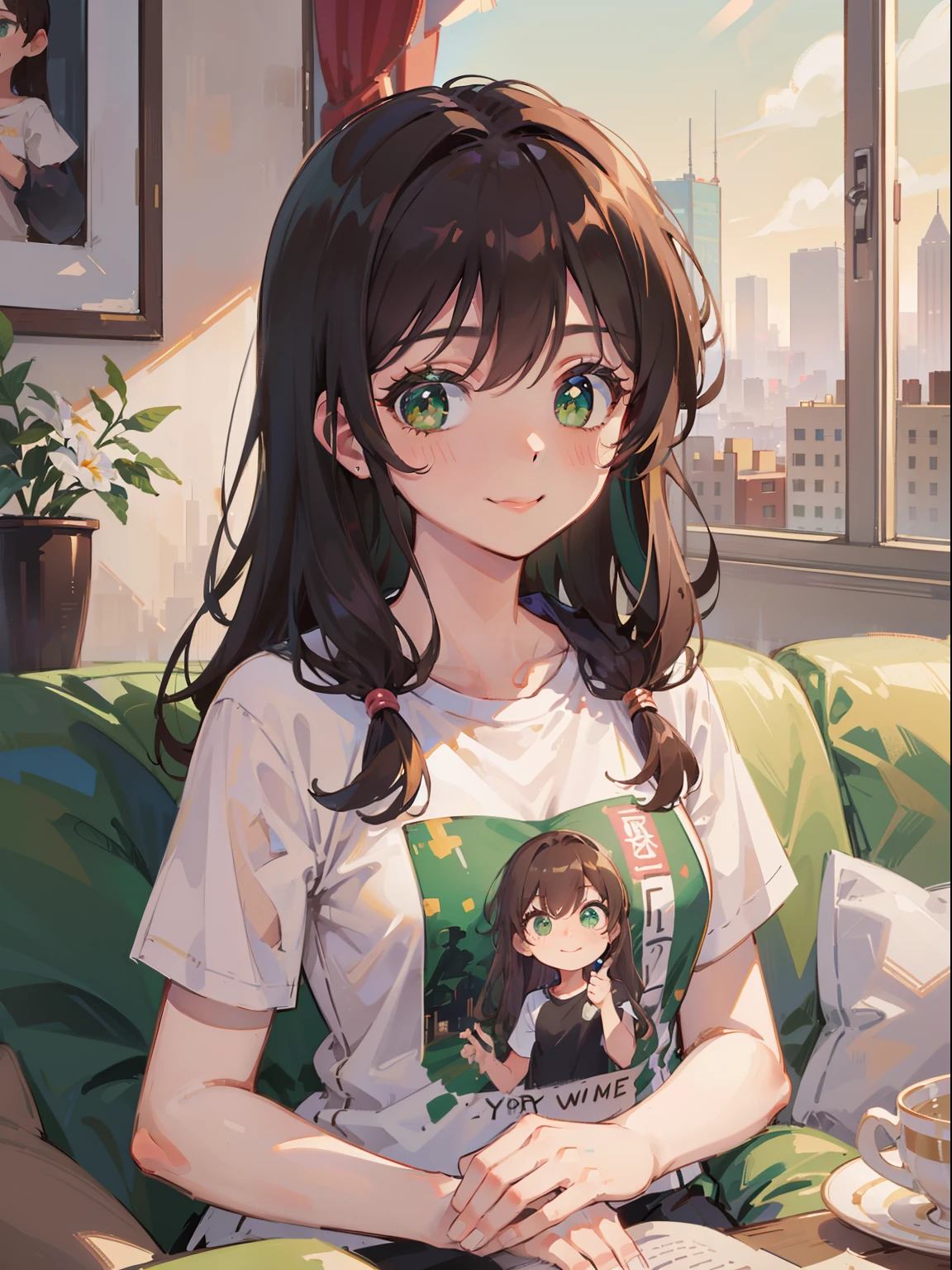 masterpiece), best quality, beautiful detailed hair detailed face, ultra high res, sharp focus, ((1 woman, solo)), perfect feminine face, upper body, close up,, in the balcony, city view, (at the noon time:1.4), sitting on the couch, chesnut brown hair, ((beautiful shape eyes, green eyes)), look at the viewer, long hair, smiles warmly, cute t-shirt, (warm pastel tone)