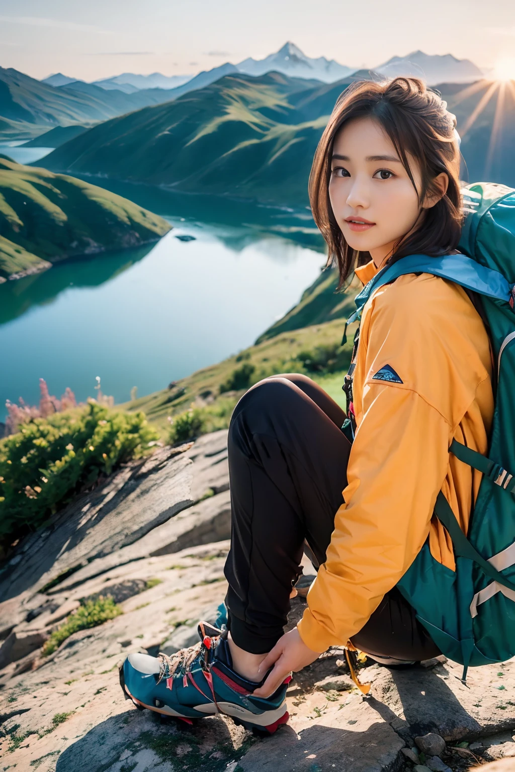 (masterpiece, best quality, 8K wallpaper, high resolution, ultra-realistic), 1girl, solo, full body from a little distance, front-facing, slender figure: 1.4, beautiful face, beautiful eyes, beautiful nose, beautiful mouth, black eyes wearing patagonia, carrying a big backpack: 1.2, mountain girl style, backpacker, mountaineer, watching a beautiful sunset while climbing, Trekking shoes, half pants