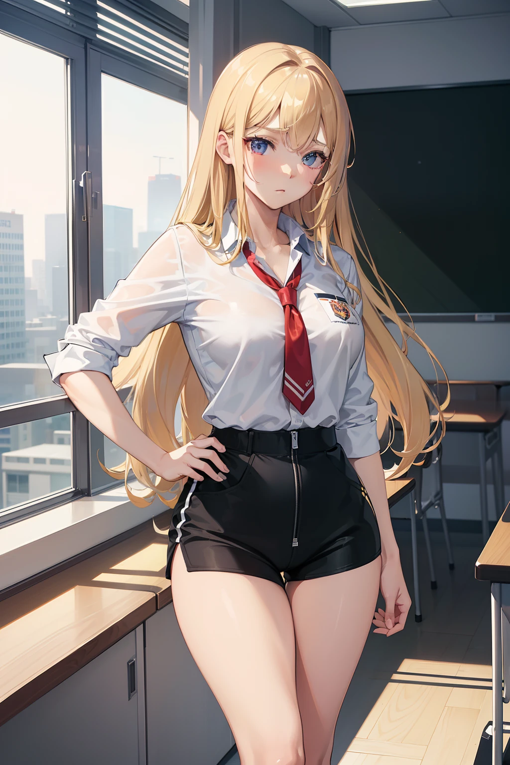 ((masterpiece)), ((best quality)), (ultra-detailed), ((sexy)), (ero), anime style, in the classroom, office, a cute girl, 1girl, solo, gym shorts, beautiful gold hair, beautiful black eyes, ((beautiful eyes)), buttocks, wearing underpants, ashamed, troubled expression