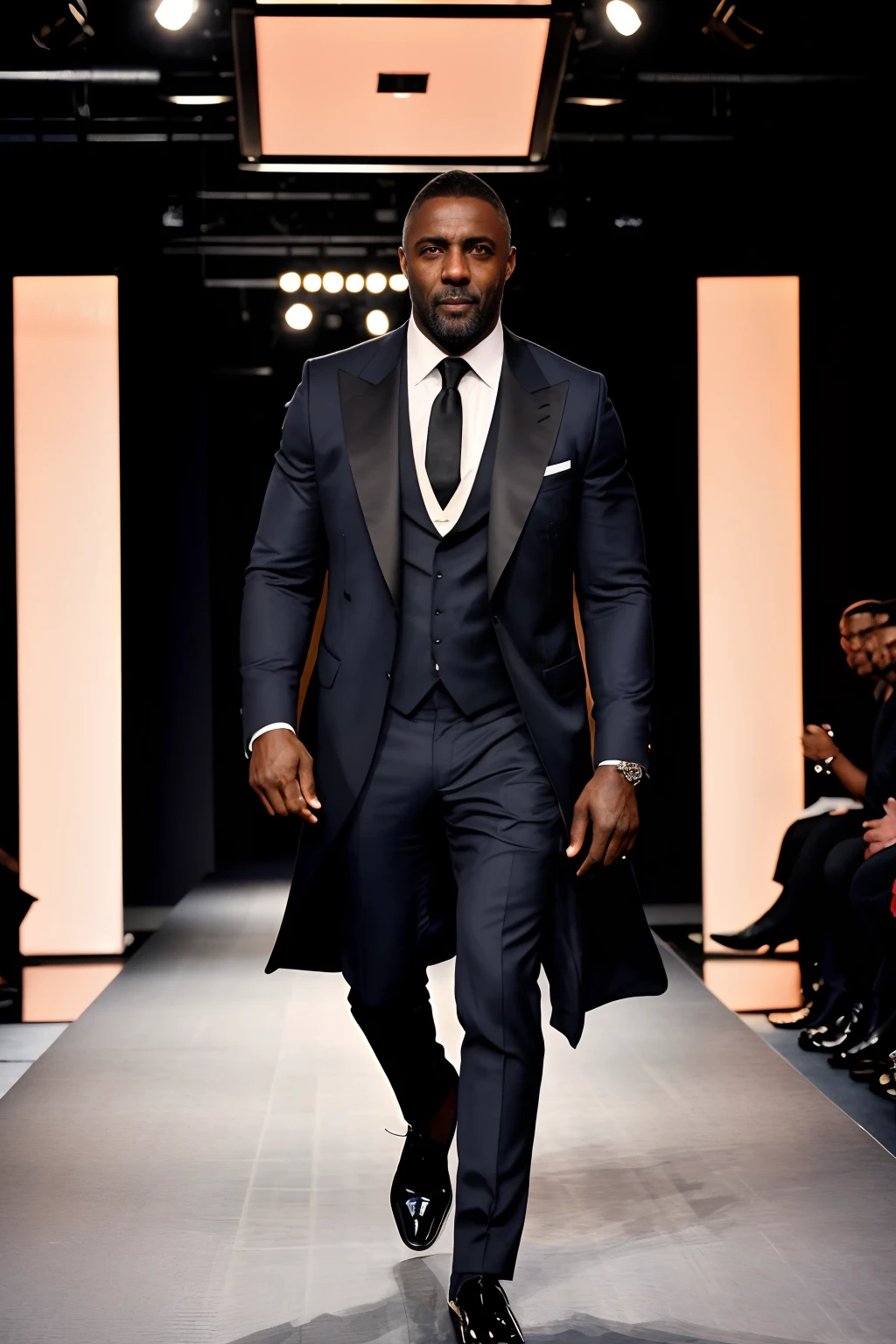 masterpiece, DSLR photo, analog style, nikon d5, real photo, a (medium shot:1.3) photo of idris elba walking on a fashion show ramp, dramatic lighting (85mm), (detailed facial features), (detailed shiny eyes), dynamic angle, jeremy mann, Ilya Kuvshinov style