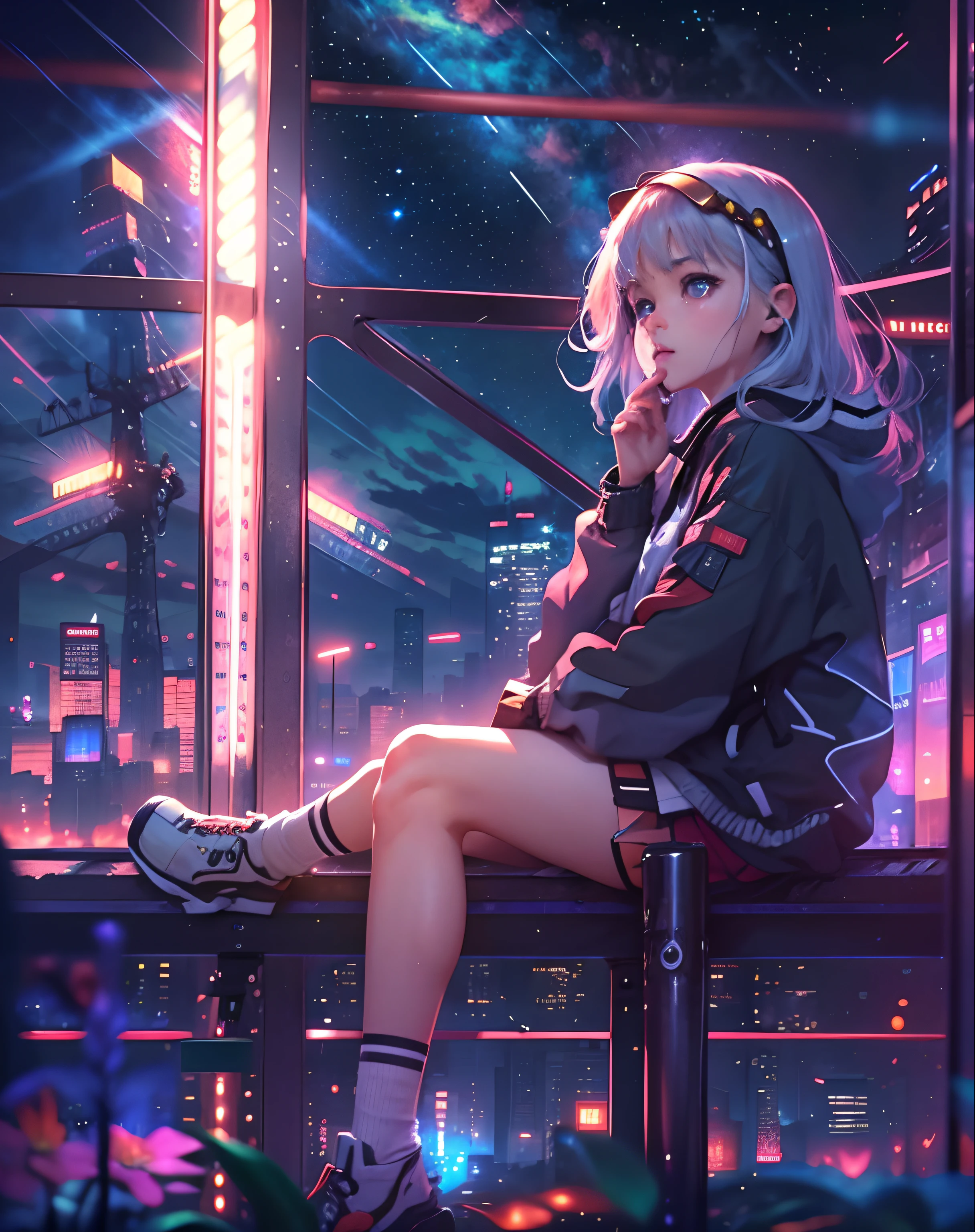 best quality, masterpiece, extremely detailed, detailed background, anime, 1girl, young girl, short girl, sci-fi, science fiction, outdoors, night, starry sky, greenhouse, megastructure, bio-dome, landscape, scenery, horizon, rooftop, sitting on rooftop, wind, looking away, atmospheric lighting, solo focus, close up, from side, depth of field, bokeh