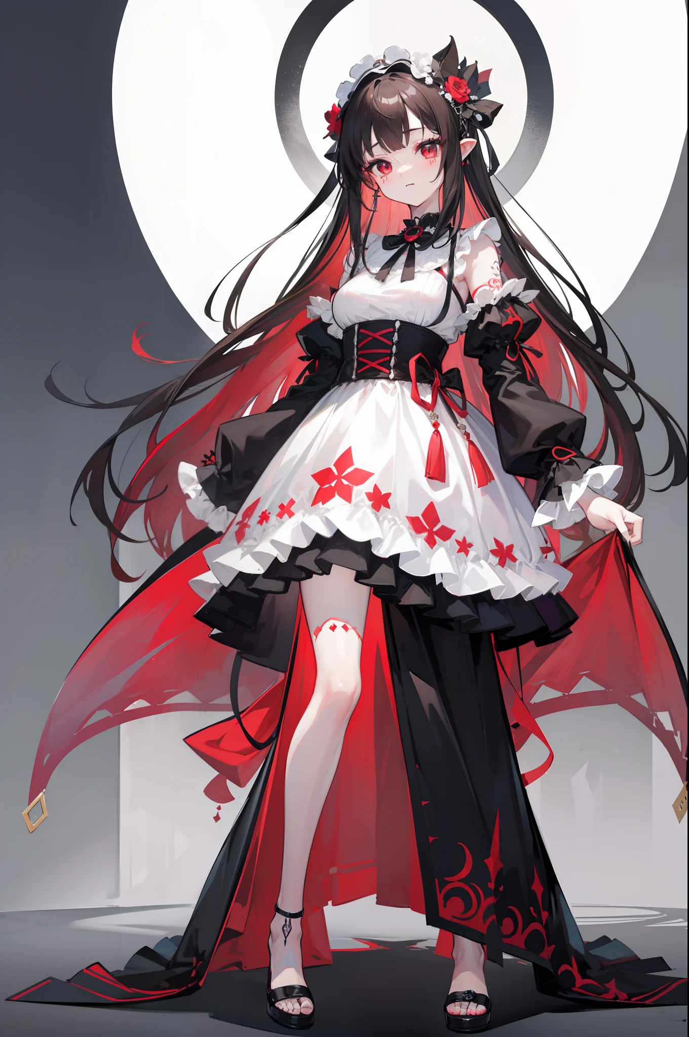 Background white、white backgrounid、(top-quality、8K、​masterpiece:1.3) Highly detailed facial and skin texture、full body Esbian、very delicate red eyes、二重まぶた、de pele branca、length hair、(with round face:1.5)、A dark-haired、Black Goth Lolita Dress、Hair Ribbon、Smiling、front facing、Standing picture to the tip of the shoe、Beautie、A dark-haired、Flower tattoo on the thigh、Tattoo at the base of the thigh、Full-body image from head to toe、erect through、Stand straight、