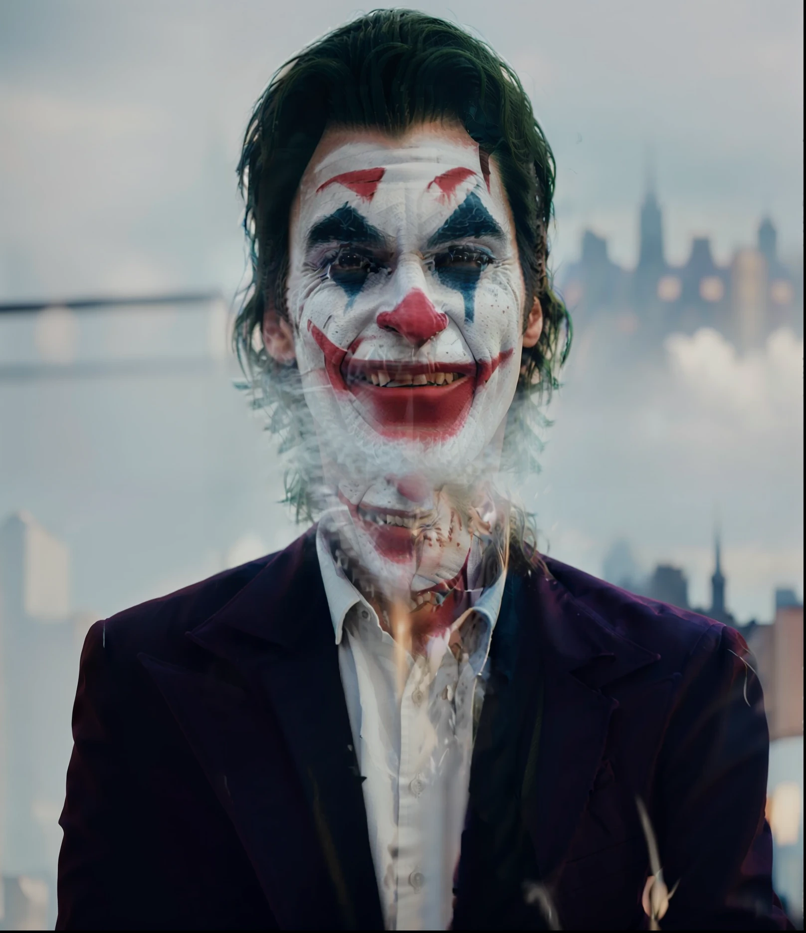 Joker (pointing a gun at his own head) crazy laughing, high detail, sharp focus, photorealistic, moody, smokey, hyperdetailed, 8k, frostbite 3 engine, cryengine, dof, trending on artstation, digital art,( front facing:1.1), city in the background, psycho, psychopath, upper body shot, super detailed hair