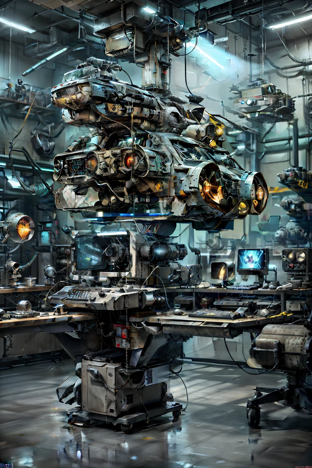 In a military laboratory full of science and technology，There are various technological equipment computers inside，There is also a planning board， concept art style, wojtek fus, 3 d octane render conceptart, concept art style, concept design art octane render, highly realistic concept art, mechanized art concept, 8 K high detail concept art