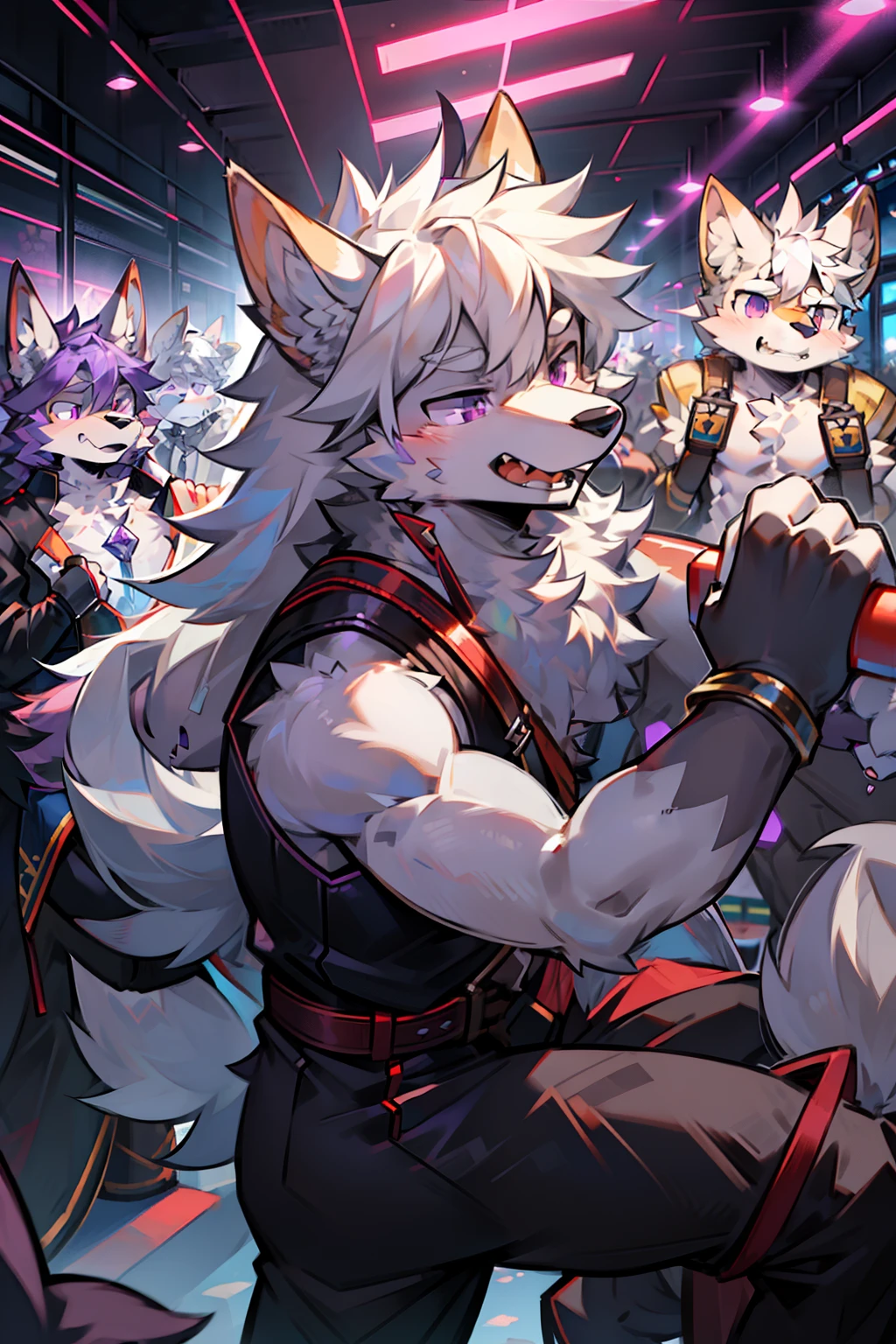 multiple persons，shaggy male，Furry，coyote，canid，Gray fur，long  white hair，The ends of the hair are purple，a purple eye，Bullied，adolable，Handsome，stretched action，One of the parties was molested