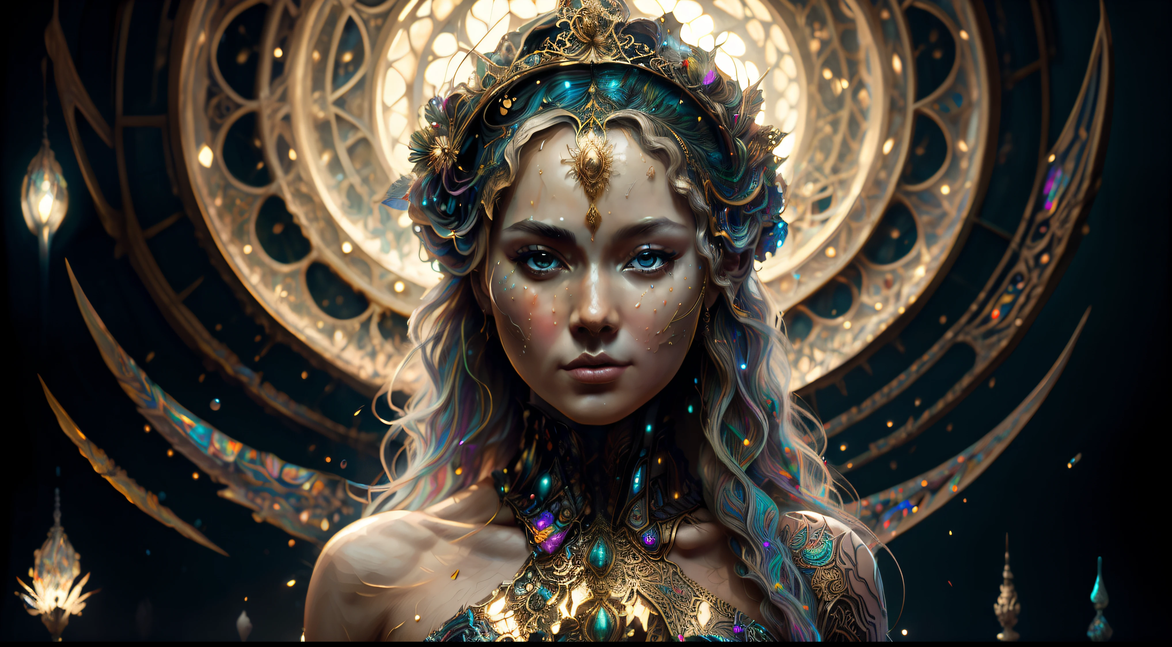 Pintura digital de una mujer joven con un tocado floreado ,Arte de Alberto Severo, salpicaduras y gotas congeladas multicolores,  jardin renacentista, dream, Pintura digital surrealista , brillos tornasolados, efectos 3D, Ultra HD, obra de arte magistral ,cinematic lighting,16k Arte digital 4K altamente detallado, Pintura digital intrincada, Arte digital detallado 4K, Gran arte digital con detalles, amazing detail digital art, Arte digital extremadamente detallado, Arte digital altamente detallado, amazing digital art, Awesome Digital Illustration, hyperdetailed fantasy character, Arte digital hiperdetallado, Arte digital demasiado detallado