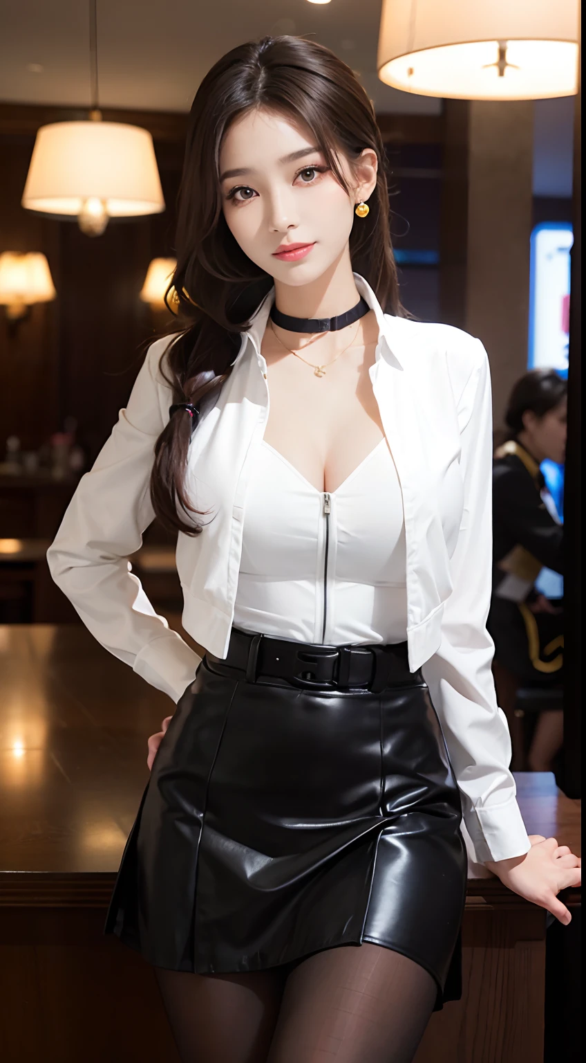delicated,tmasterpiece,beautifuldetails,extremely colorful,Exquisite details,Delicate lips,The details are complex,Large breasts,1人の女性,(A beautiful 20 year old cute Korean woman:1.1),(kpop idol,Korean mixed-race),(50mm Sigma f /1.4 ZEISS lens, F1.4, 1/800s, ISO 100, photograpy:1.1), (pony tails+brunette color hair:1.2), (photorealistic:1.4), (spy:1.2), (open jacket,shirt, skirt,tiese,black pantyhoses,christian louboutin\(brand\),:1.3),耳Nipple Ring,choker necklace,armlets,(tavern,bar:1.2),(beautifullegs,High girl,skinny,slim_legs,thigh_gap,model:1.2),Lens flare,seen from the front,(Happy smile:1.1),dynamicposes,(putting makeup on:1.2),High heels,