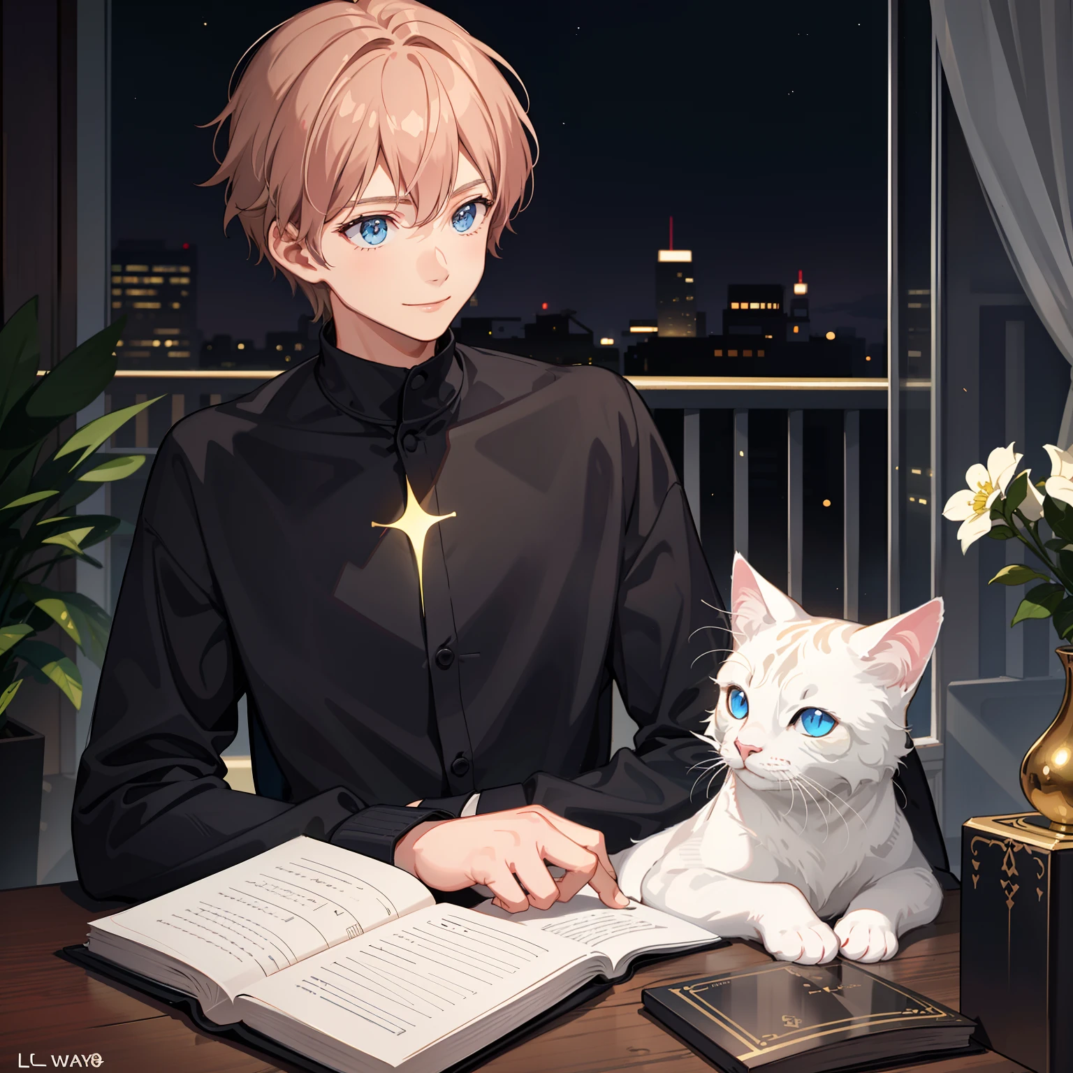 1boy, with light glowing, side-lighting, Wallpapers,petting a cat，lendo livros，ssmile，Sitting on the balcony，brunette color hair，Side face，Gaze books