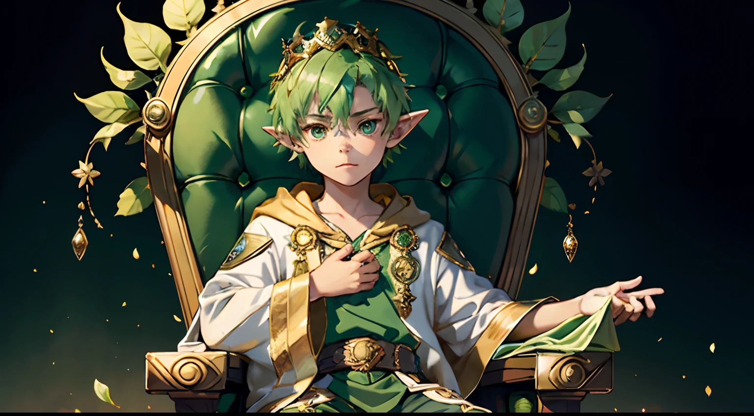 solo, solo focus, masterpiece, ((exquisite_detail)), illustration, (handsome), extremely_detailed_CG, cute young boy, green hair wearing a crown, gold eyes, golden robe, merchant, leaf, sitting on a throne, looking at the viewer, turned around, cute young boy with elf ears, hands behind the back