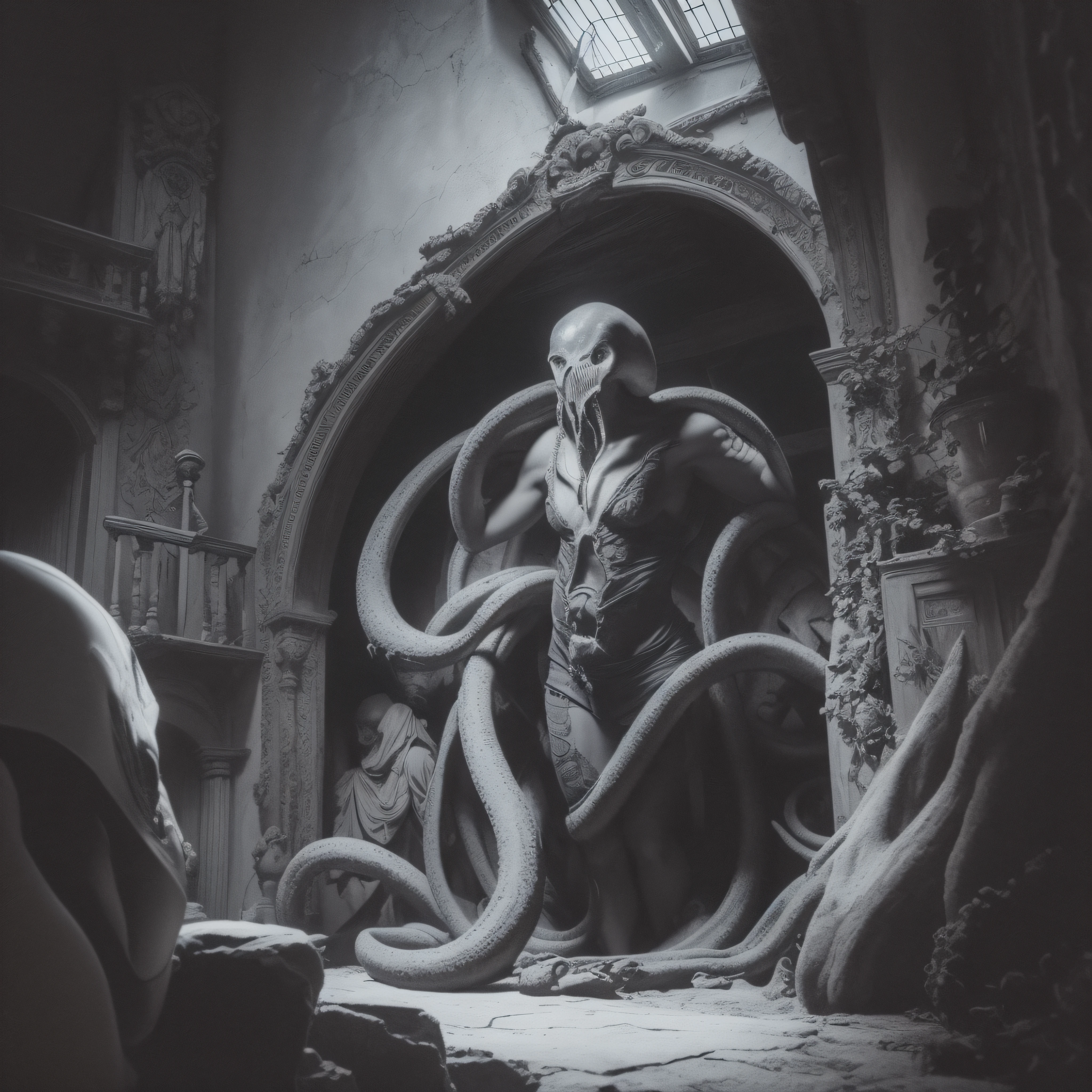 (extremadamente detallado, obra maestra, La mejor calidad), Estilo oscuro, intense illumination, rostro con arrugas, mujer crucificada, tentacle, monstruoso, interior de una piscina de agua verdosa, imagen submarina, alien con Colmillos finos. manchas de tinta. Rococo composition. Luz de caravaggio