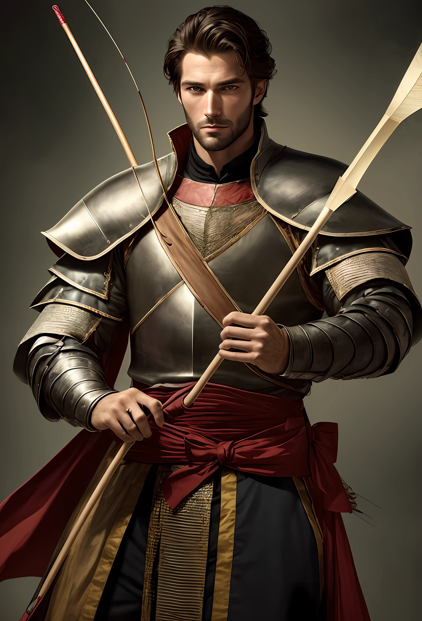 1 male
Handsome man in his 30s
Fearless face
Medieval knights
Holding a large bow in his left hand
Holding an arrow with your right hand