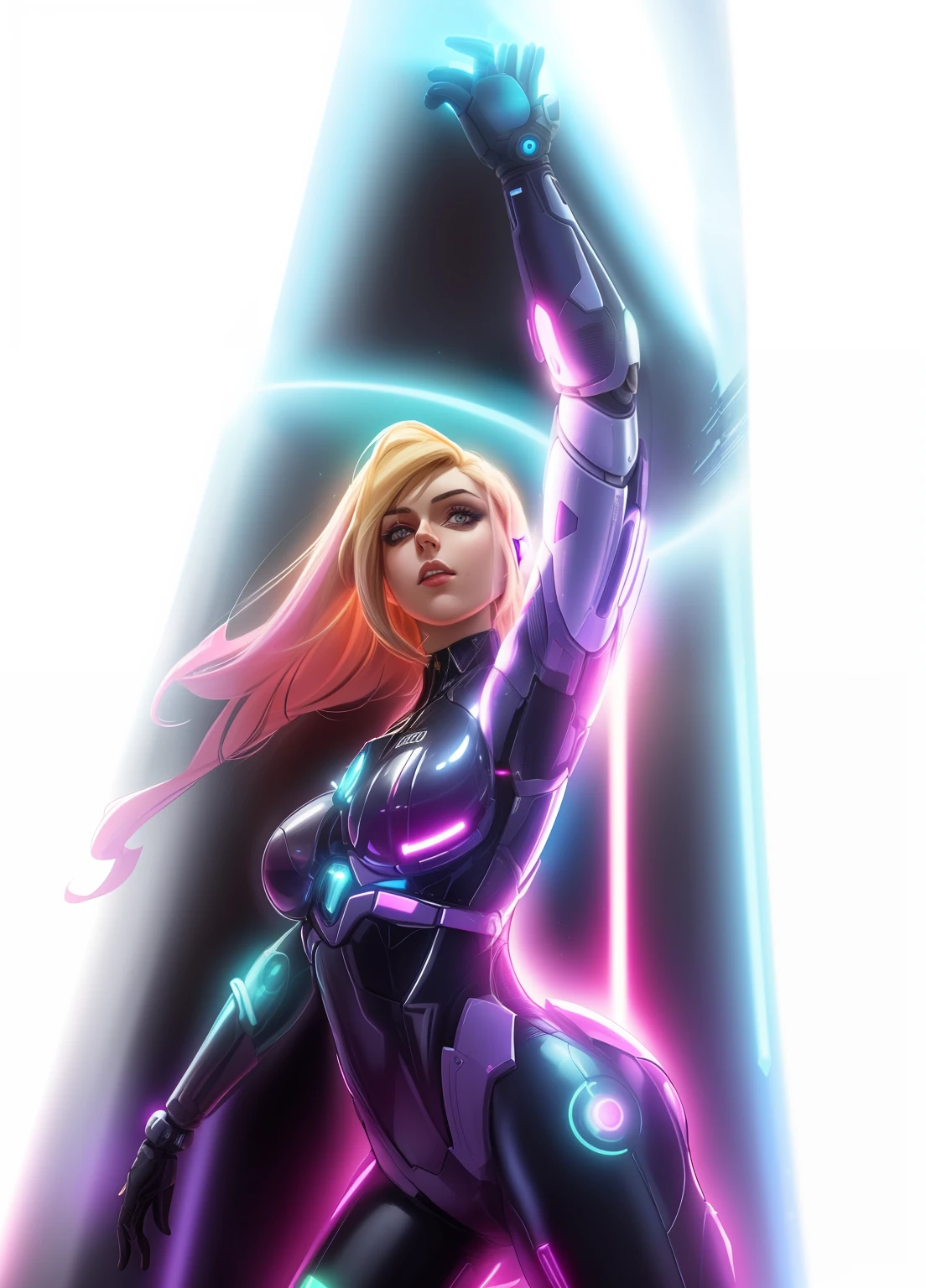 Woman in a futuristic outfit with a sword in her hand, pintura digital brilhante, Samus Aran Fanart, mulher scifi, Zero Terno Samus, pinup ciborgue bonita, Jovem senhora Cyborg, meninague bonito, mulher ciborgue perfeita do anime, estudo da luz, menina ciborndroide feminino retrofuturista, holograma pairando em torno dela, Deusa ciborgue no cosmos