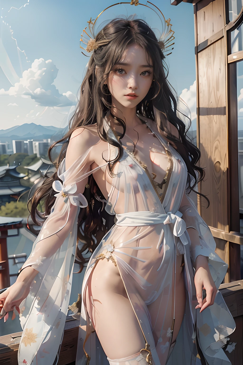 masterpiece,top-quality,超A high resolution,1人の女性,(disheveled hair:1.5),(Long hair:1.2),(Maiden of Heaven:1.4),(Wearing a Japan heavenly robe made of transparent material:1.3),(Falling from the sky:1.4)