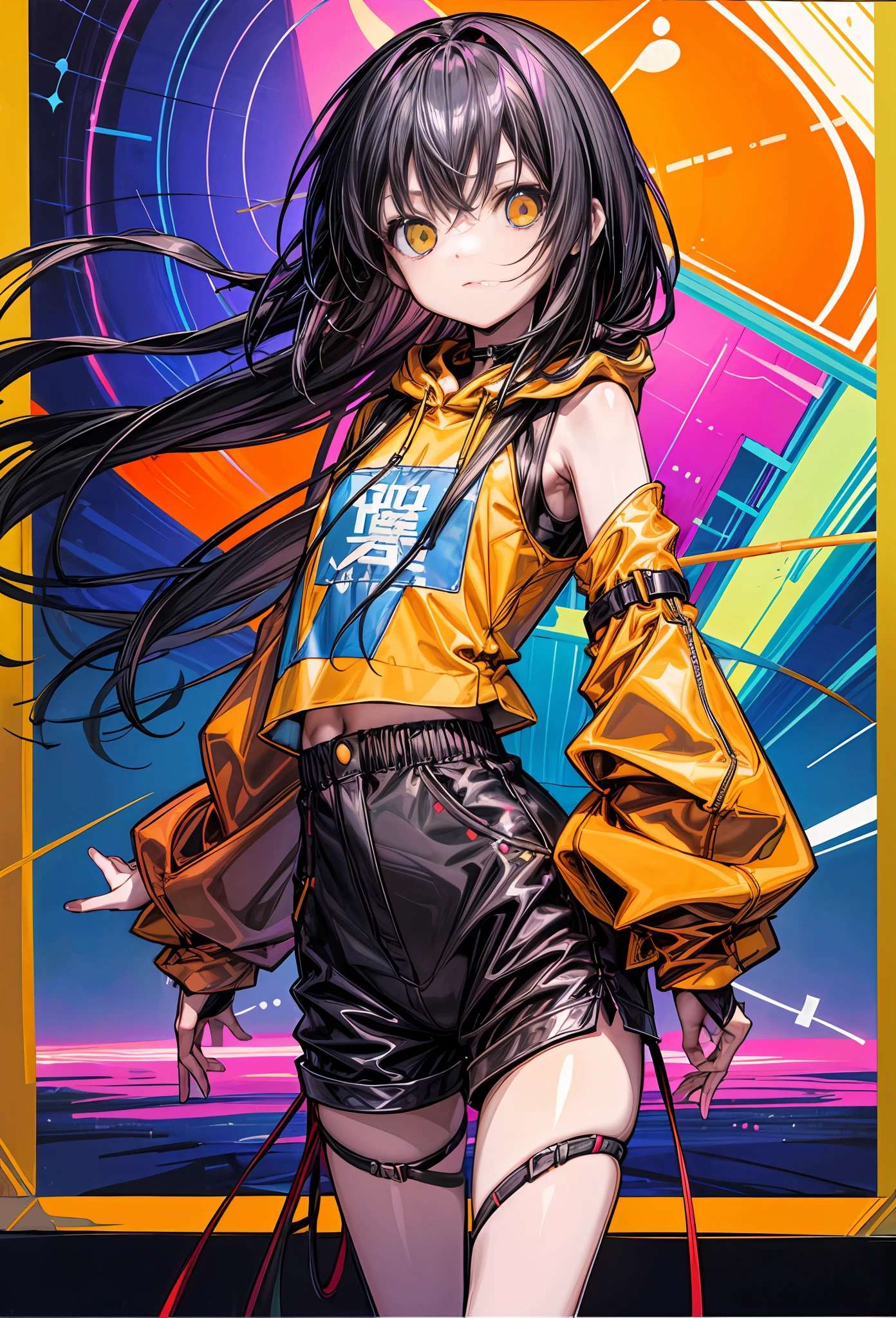 masterpiece、Flat background、without background、full body Esbian、is standing、女の子1人、独奏、cute little、Oversized Orange Hoodie、tshirts、7-minute length pants、50mm portrait、Delicate facial features、semi - realistic、foco nítido、The ultra-detailliert、absurderes、depth of fields、neons